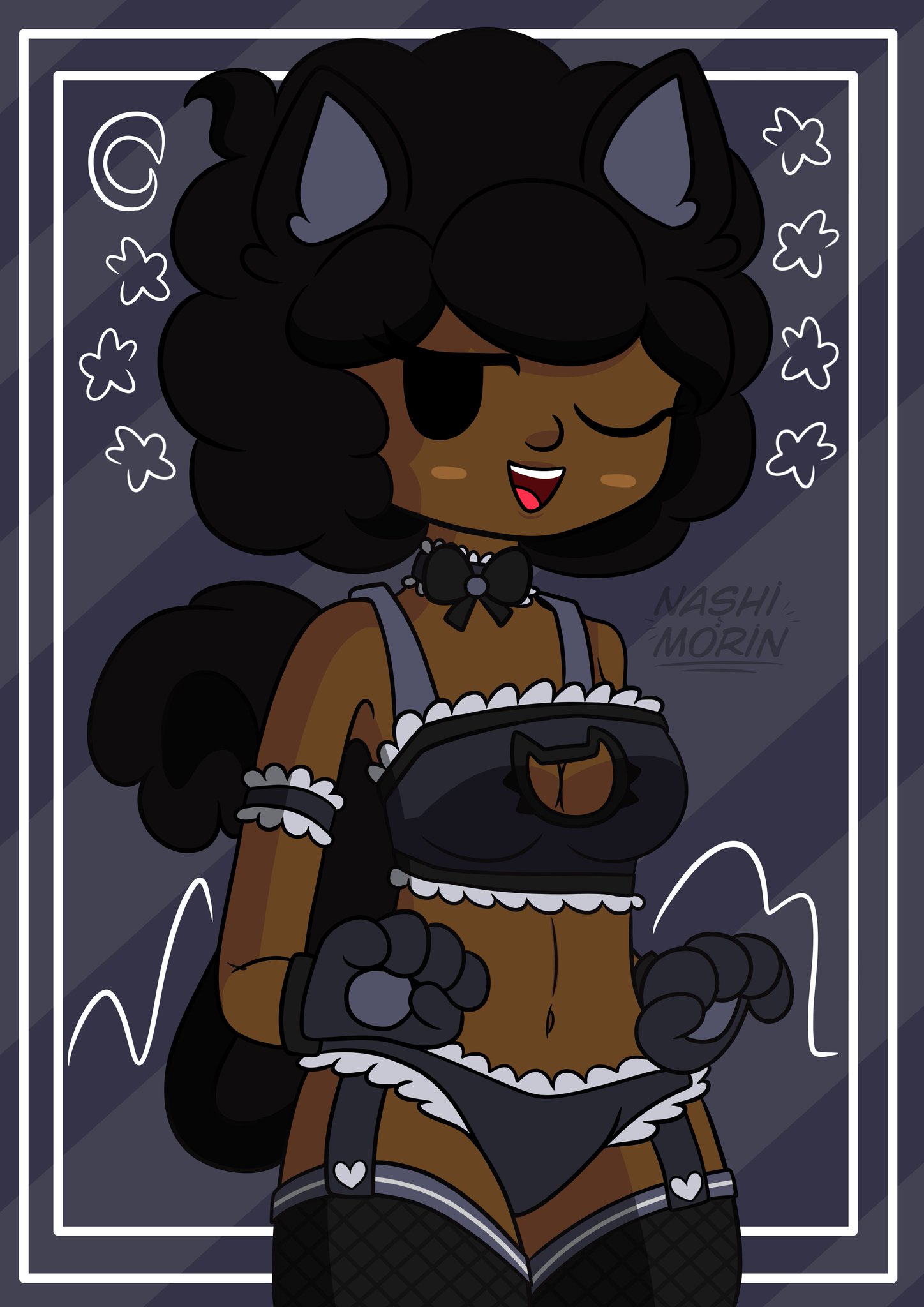 carol (bbpanzu), cat ears, cat lingerie, curly hair, dark skin, dark-skinned female, female, friday night funkin, lingerie, mob face, thighhighs