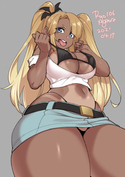 1girls, big breasts, blonde hair, breasts, female, female only, gyaru, large breasts, looking at viewer, panties, ryo agawa, skirt, solo, tanline, thick thighs