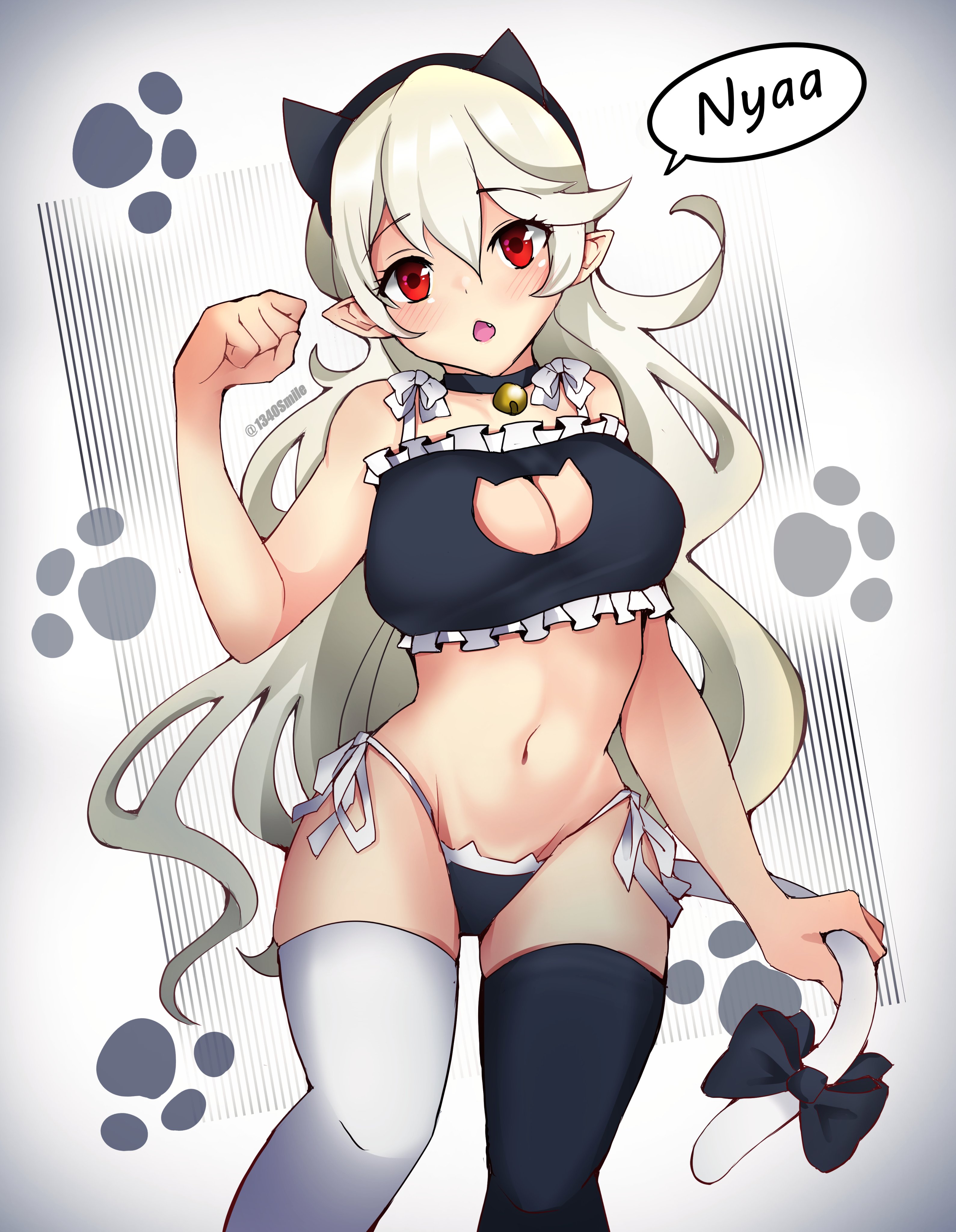 1340smile, 1girls, alternate costume, big breasts, breasts, cat cutout, cat girl, catgirl, cleavage, corrin (fire emblem), corrin (fire emblem) (female), english text, female, fire emblem, fire emblem fates, long hair, looking at viewer, nintendo, red eyes, solo, solo female, text, thighhighs