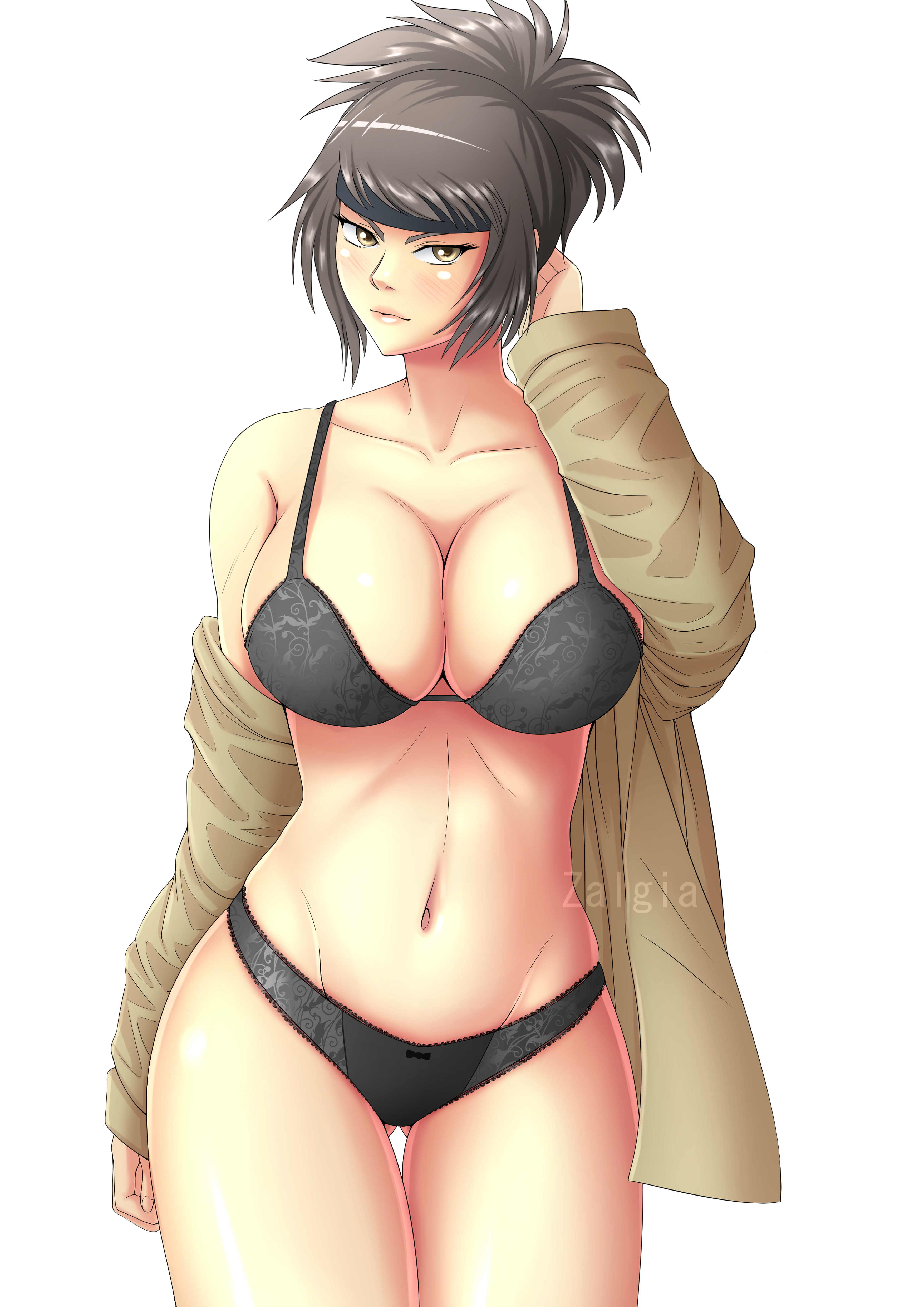 1girls, big breasts, blush, bra, breasts, brown hair, busty, cleavage, coat, collarbone, cropped legs, curvy, curvy figure, female, female only, fit, fully clothed, headband, long hair, looking at viewer, midriff, mitarashi anko, naruto, naruto (series), naruto shippuden, navel, off shoulder, panties, plain background, posing, simple background, solo, tied hair, underwear, white background, wide hips, zalgia