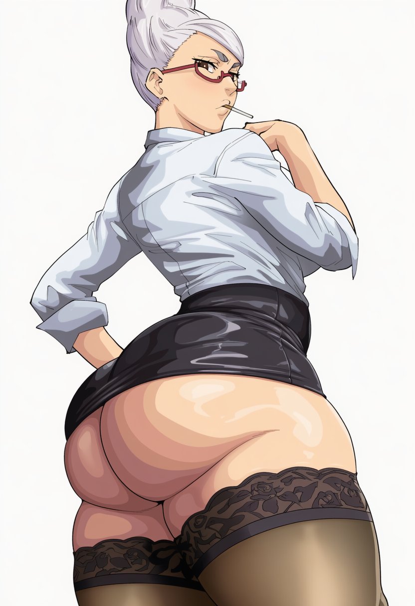 1girl, ai generated, ass out, ayase seiko, braided hair, business woman, cigarette, dandadan, female, female focus, female only, gilf, glasses, leggings, light skin, short skirt, standing hair, tagme, voluptuous, voriksan, white hair