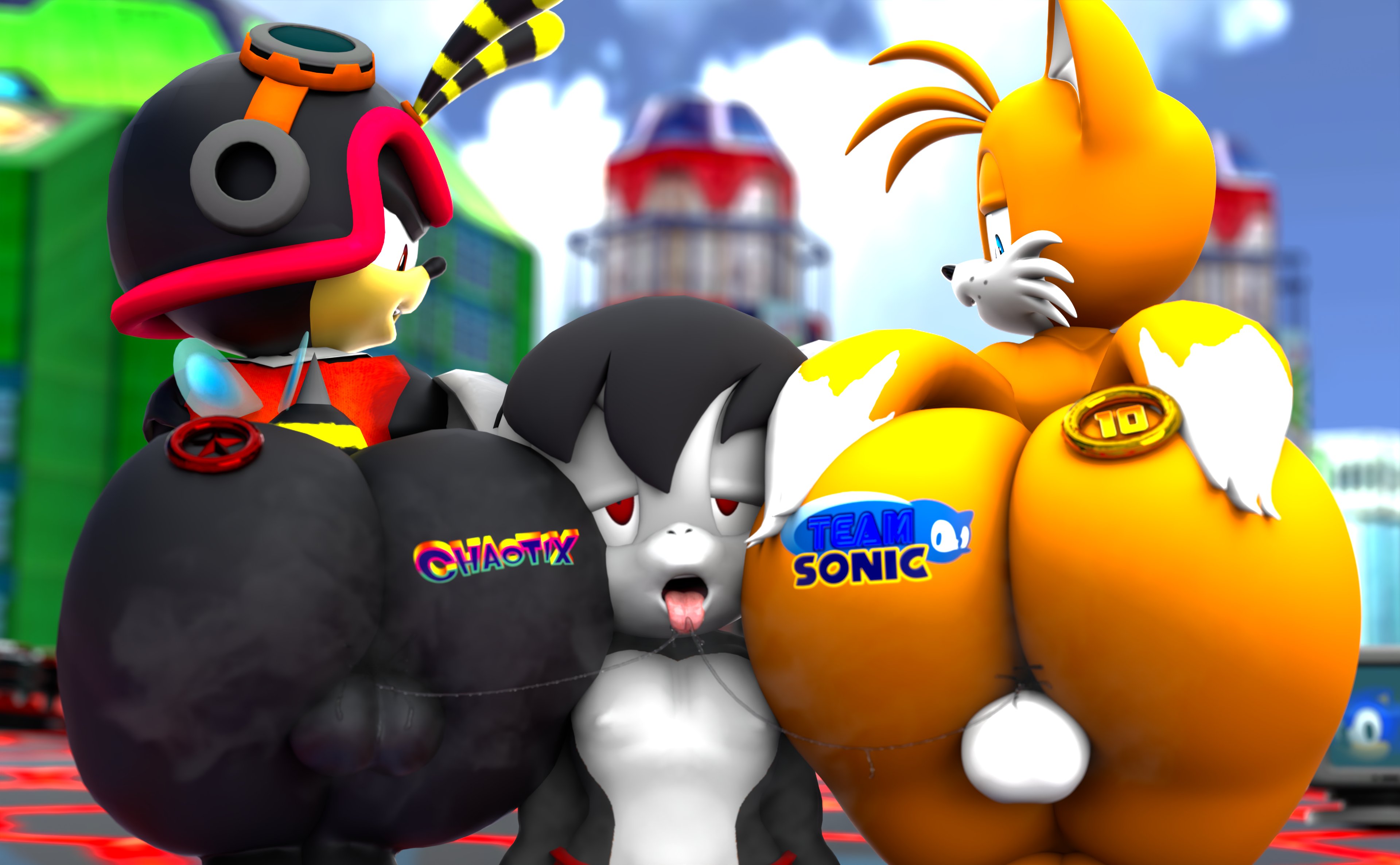 3boys, 3d artwork, anthro, balls, bee, big ass, big ass (male), big butt, bubble butt, canide, charmy bee, dark skin, doommusk, femboy, fox, furry, gay, heavy bottom, heavy butt, huge ass, hyper ass, insect, lire (doommusk), male/male, mobian (species), oc, rimming, sega, sex, sonic (series), sonic the hedgehog (series), tail, tails the fox, teapot (body type), yaoi, yellow skin, young
