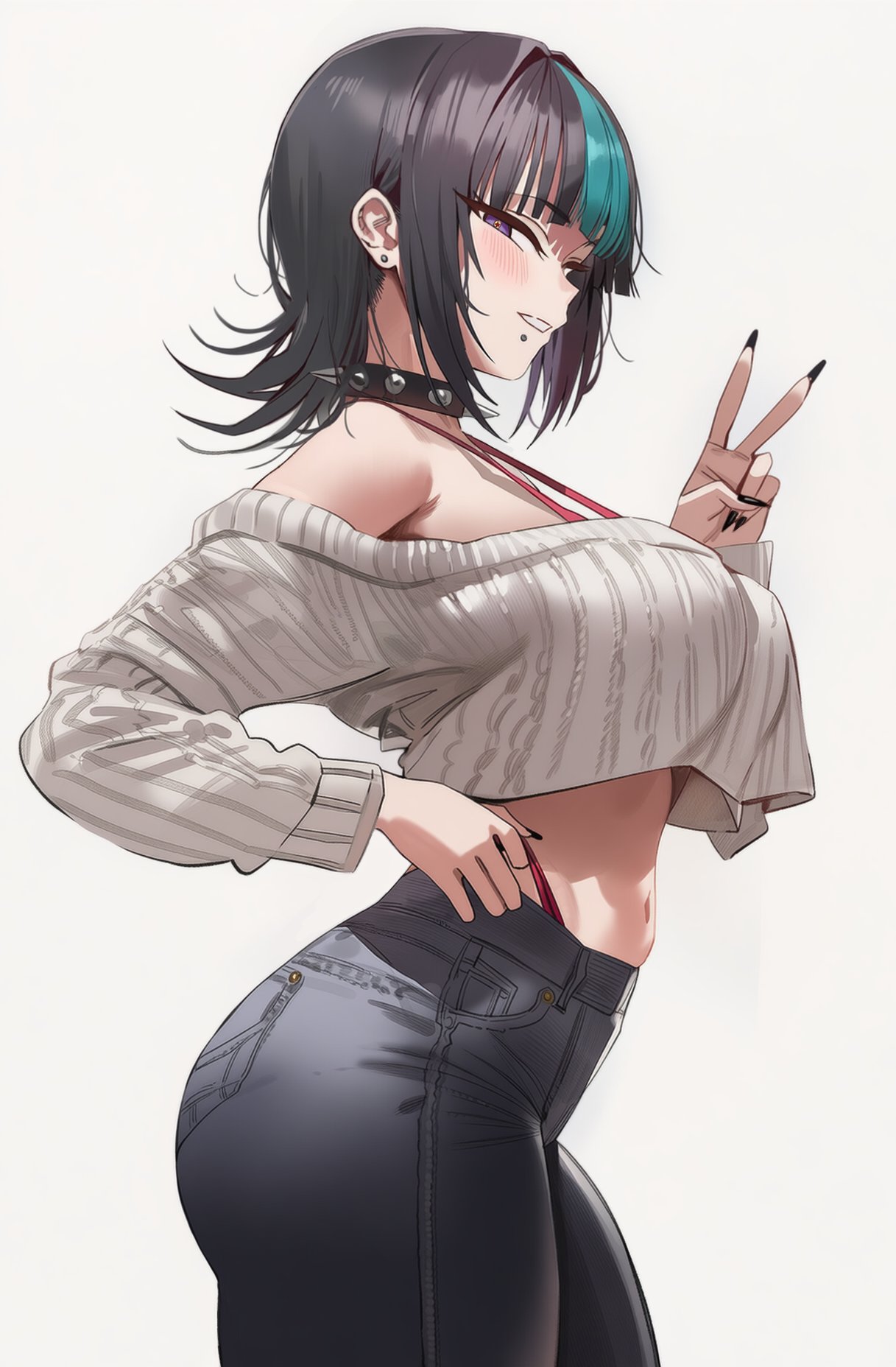 1girls, 2026, ai generated, asian, asian female, bangs, belly, belly button, big ass, big breasts, black hair, choker, crop top, cropped sweater, dark hair, denim, eyelashes, eyeliner, fat ass, fring853, hoshi kirara, jeans, jujutsu kaisen, light skin, light-skinned female, long nails, piercing, piercings, spiked collar, spikes, string panties, sweater, tagme, trans woman, transfem, transgender, transgender woman, transgender woman (lore), tummy, twitter