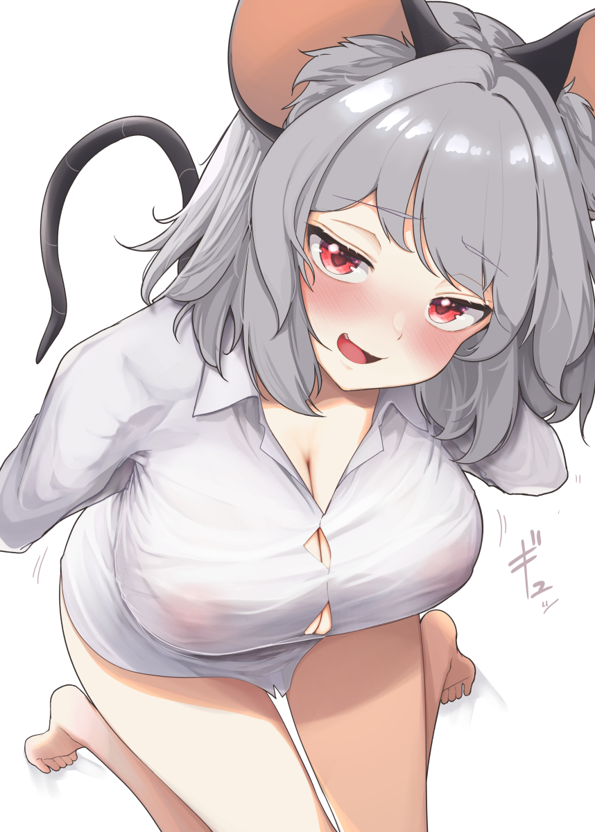 blush, button gap, collared shirt, from above, full-face blush, huge breasts, kneeling, naked shirt, naughty face, nazrin, nipples visible through clothing, open mouth, seductive smile, skeb commission, smile, touhou