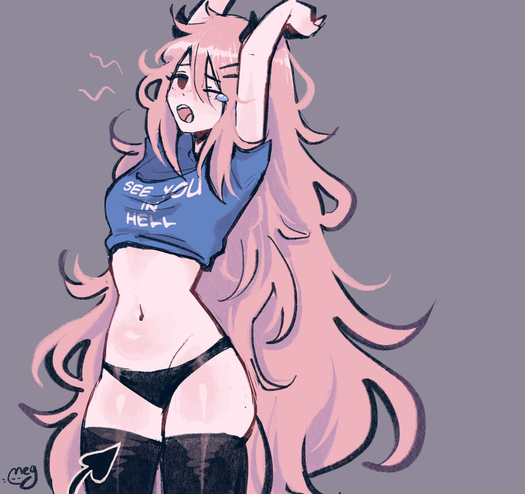 1girls, 2022, arms up, black panties, blush, demon, demon girl, demon horns, demon tail, female, female only, freckles, horns, june (megrocks), light skin, light-skinned female, long hair, looking at viewer, megrocks, mob face, navel, no pants, one eye closed, open mouth, original, original character, pale skin, pale-skinned female, panties, pink hair, red eyes, shirt, solo, solo female, standing, stretching, succubus, succubus horns, succubus tail, tagme, tail, thighhighs, very long hair, yawn