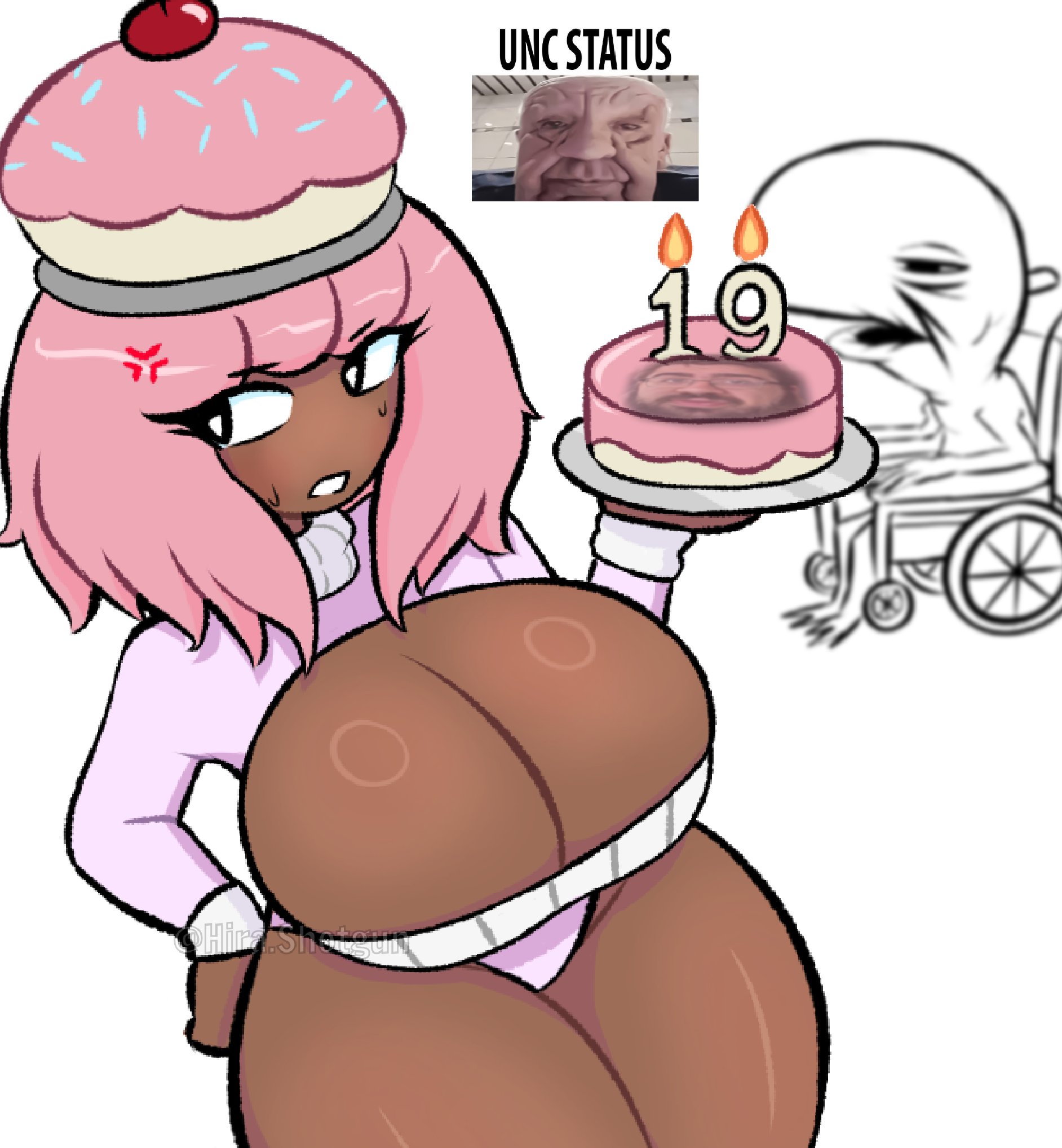 absurd comedy, absurd format, absurd humor, absurd setup, absurdity overload, aesthetic clash, aged up, angry expression, angry vein, anime style, annoyed expression, annoyed face, art style, artistic exaggeration, background blur like, background character, background figure, background male, background presence, bangs, big breasts, birthday, birthday cake, bizarre composition, black eyes, body shape, bold lines, bold outlines, bottom caption, breasts, bright colors, bright foreground, broken balance, brown skin, busty, cake, cake on plate, candles, caption, captioned image, cartoon, cartoon art, cartoon render, cartoon style, cartoonish features, chaotic energy, chaotic format, chaotic layout, chaotic meme, character design, character emphasis, character female, character focus, character focus center, character highlight, character pose, cherry, cherry on top, clean art, clean lines, cleavage, close perspective, collage, color contrast, colorful foreground, comedic art, comedic exaggeration, comedic expression, comedic image, comedic setup, comedic tone, comedic visual, composited face, composition, conflicting elements, contrasting styles, creative edit, creative format, creative meme, cropped edit, cropped face, culture reference, cupcake hat, cursed image, cursed meme, curvy, dark skin, dark-skinned female, dessert hat, details exaggerated, digital art, digital format, digital illustration, digital meme, digital sketch, distorted face, drawing, dull background, dynamic pose, edgy, edgy meme, edited image, elderly, embarrassed, emphasis, exaggerated emotion, exaggerated features, exaggerated proportions, exaggerated scale, exaggerated scene, expression exaggeration, expressive art, expressive design, expressive face, expressive pose, face edit, face in cake, face in object, fanart like, fantasy like, female, flat colors, foreground focus, foreground subject, frosting, frown, full body, funny, funny format, funny image, gag image, glare, graphic style, grayscale, grayscale background, hair over eyes, hand on hip, hat, headwear, highlight reflection, hira.shotgun, holding object, holding plate, humor focus, humor image, humor visual, humorous, humorous art, humorous composition, humorous contrast, humorous design, humorous edit, humorous format, humorous scene, humorous visuals, illustration artwork, image edit, image macro, image macro style, image style, imaginative edit, implied context, internet art, internet culture, internet format, internet joke, internet meme, internet reference, internet style, ironic, ironic image, irritated face, joke format, joke image, juxtaposition, large breasts, large chest, layered image, layered joke, layered meme, lighting simple, lines visible, lit candles, long hair, long sleeves, low angle view, mashup, medium hair, meme, meme art, meme context, meme culture, meme edit, meme energy, meme face, meme format, meme mashup, meme style, meme template, meme text, messy hair, minimal shadows, mixed media, mixed styles, modern art, modern internet joke, modern meme, monochrome, muted background, non photorealistic, non realistic, non serious, novelty hat, number 19, oc, odd art, odd format, odd humor, odd visual, off center elements, offering cake, old man, online humor, online meme, original character, overlay text, parody, pastel hair, pastel palette, pastel tones, perspective foreground, photoshop edit, photoshop style, pink hair, playful art, playful design, playful format, playful scene, playful tone, pose annoyed, pose confident, punchline style, quirky, quirky art, quirky format, random art, random edit, random elements, random format, random humor, random meme, reaction face, reaction format, reaction image, reaction style, real person, ridiculous, scene setup, seated, secondary character, separation depth, short scene, side eye, side glance, simple background, simplified details, simplified face, small cake, soft colors, soft shading, sparkles, sprinkles, still image, strange art, strange comedy, strange humor, strange image, stylization high, stylized, stylized anatomy, stylized art, stylized body, stylized expression, stylized format, stylized hair, stylized render, stylized scene, supporting character, surreal, surreal format, surreal meme, sweat, sweat drop, sweater, tagme, text meme, text overlay, thick thighs, thighs, tight clothing, tone contrast, tone lighthearted, top caption, top text, unc, unc status, uncanny expression, unconventional composition, unrealistic proportions, upper body, viral style, visual balance, visual gag, visual irony, visual joke, visual noise, visual pun, visual satire, visual story, weird edit, weird image, wheelchair, white background, white pupils, why are there so many tags, wide hips, wrinkled face