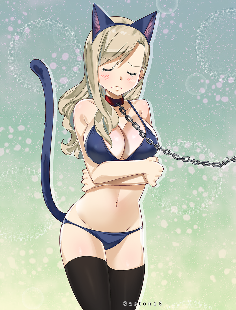 1girls animal_ears bikini black_legwear blonde_hair blue_background blue_bikini breasts cat_ears cat_tail chain_leash chains cleavage closed_eyes collar cowboy_shot edens_zero fake_animal_ears fake_tail female femsub gaston18 gradient_background green_background highres large_breasts leash long_hair midriff navel rebecca_bluegarden slave solo standing swimsuit tail thighhighs