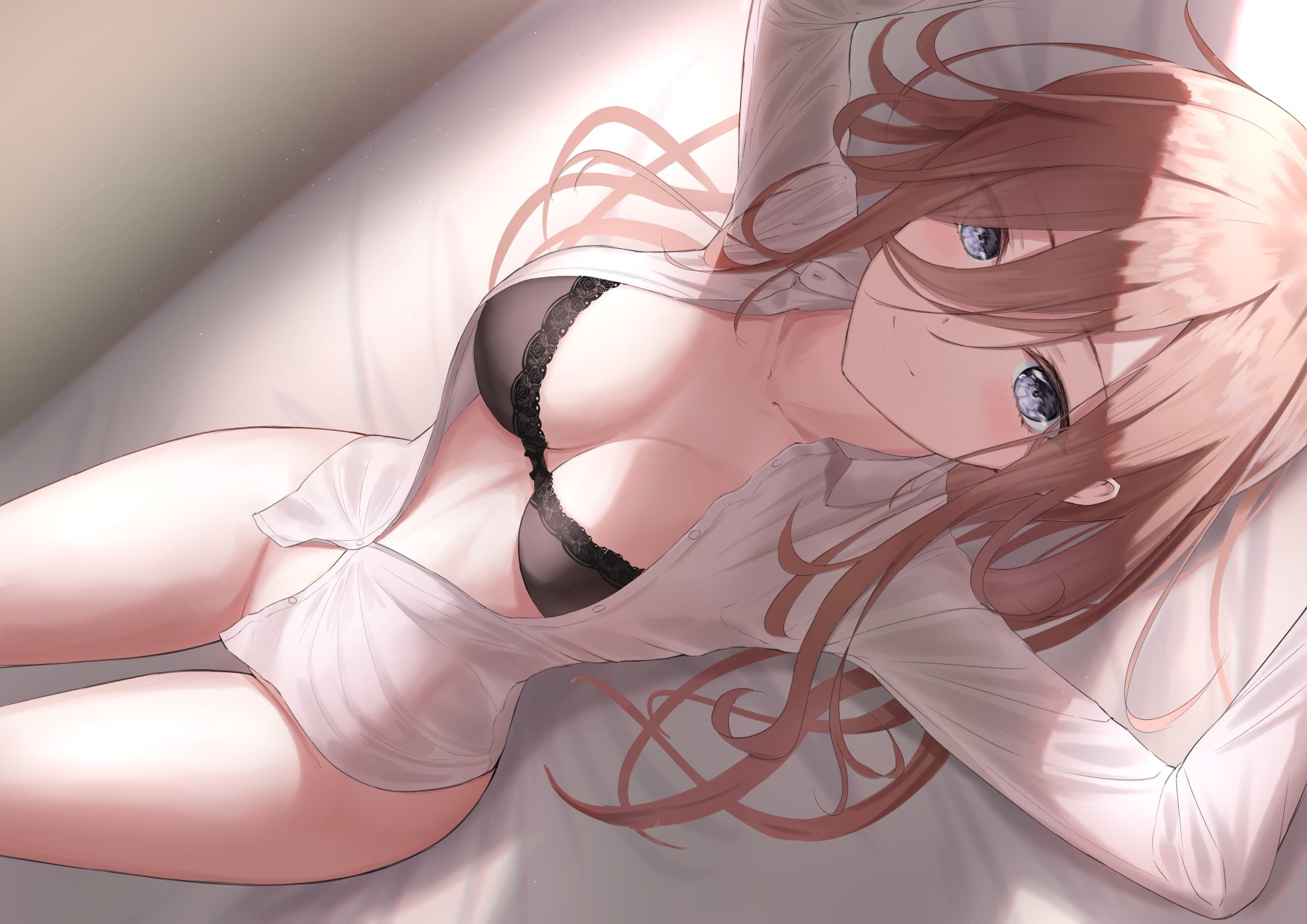 1girls, bangs, bed, big breasts, black bra, blue eyes, blush, bottomless, bra, breasts, brown hair, closed eyes, collarbone, dutch angle, female, female only, from above, go-toubun no hanayome, hair between eyes, hi res, indoors, large breasts, lingerie, long hair, long sleeves, looking at viewer, lying, lying on back, marinesnow, nakano miku, no panties, on back, on bed, open clothes, shirt, shirt only, smile, solo, thighs, underwear, white shirt