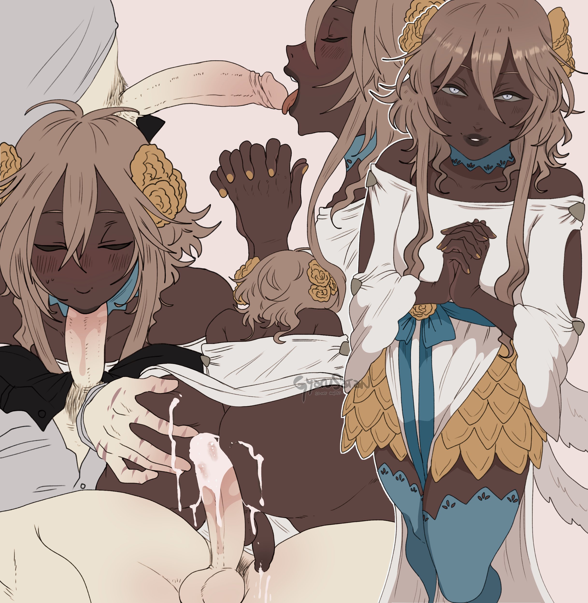 2boys, after anal, angel, angel boy, ass, ass grab, balls, blowjob, blue legwear, blush, brown hair, closed eyes, cum, cum in ass, cum on penis, dark skin, dark-skinned femboy, dark-skinned male, dark-skinned sub, fellatio, femboy, flower in hair, gyarusatan, hi res, kauko (gyarusatan), legwear, licking, licking penis, licking tip, light skin, light-skinned male, long hair, long sidelocks, looking at viewer, male, male only, male/male, multiple views, oral, original, penis, prayer hands, raziel (gyarusatan), sex, sidelocks, smiling, smiling at viewer, white background, white eyes, white is bigger, yaoi
