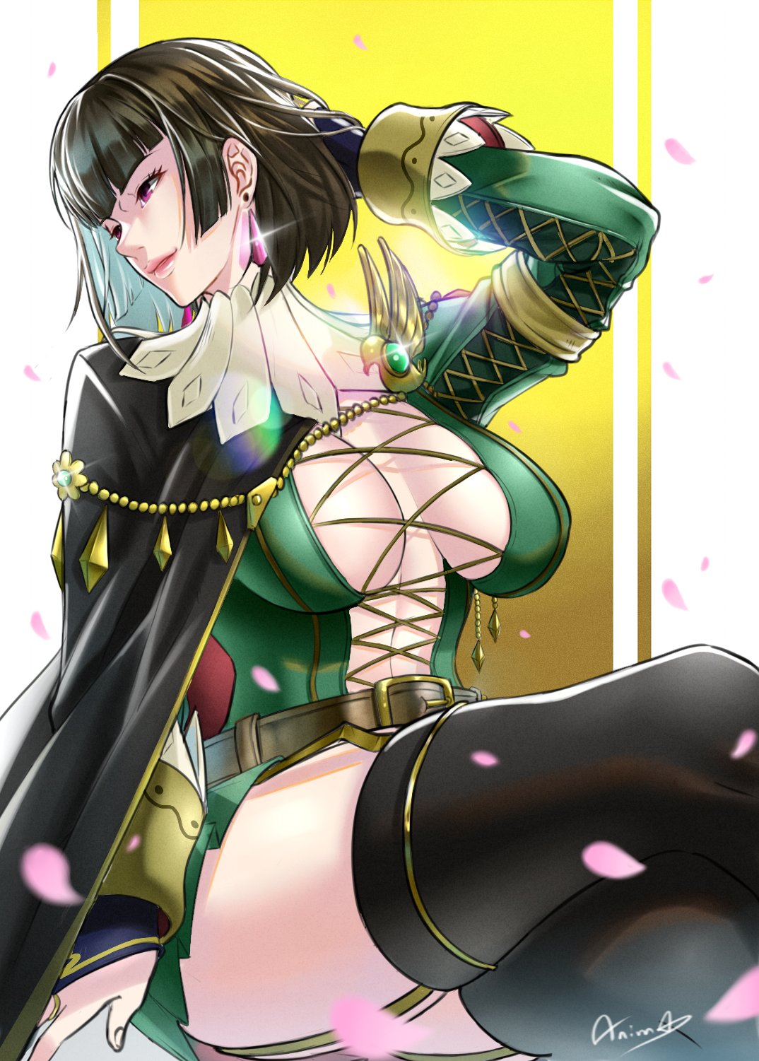 anima_(togashi) bob_cut brown_hair capcom cape cherry_blossoms cleavage cleavage_cutout earrings elegant jewelry large_breasts lipstick mature_female monster_hunter monster_hunter_rise rondine short_hair thick_thighs thighhighs