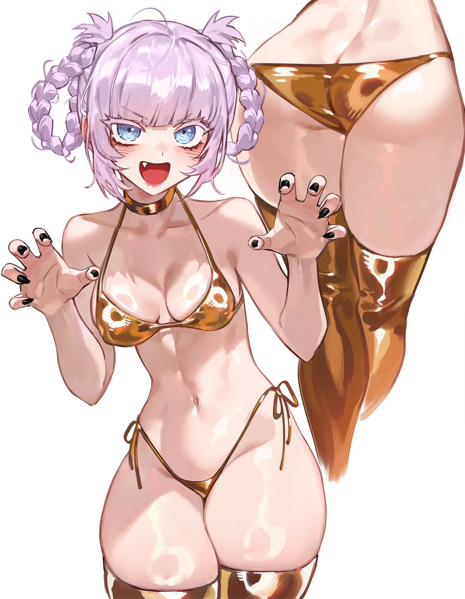 1girls, absurdres, arm up, ass, ass focus, black nails, blunt bangs, blush, braid, braided hair rings, breasts, cyan eyes, female, female focus, female only, foolish potato, gloves, golden clothing, hair rings, highres, light skin, light-skinned female, looking at viewer, medium breasts, multiple views, nanakusa nazuna, nanakusa nazuna (yofukashi no uta), navel, oerba yun fang, open mouth, purple hair, ringed eyes, shadow, shiny clothes, shiny skin, thick thighs, thighhighs, thighs, vampire, viewed from behind, white background, wide hips, yofukashi no uta