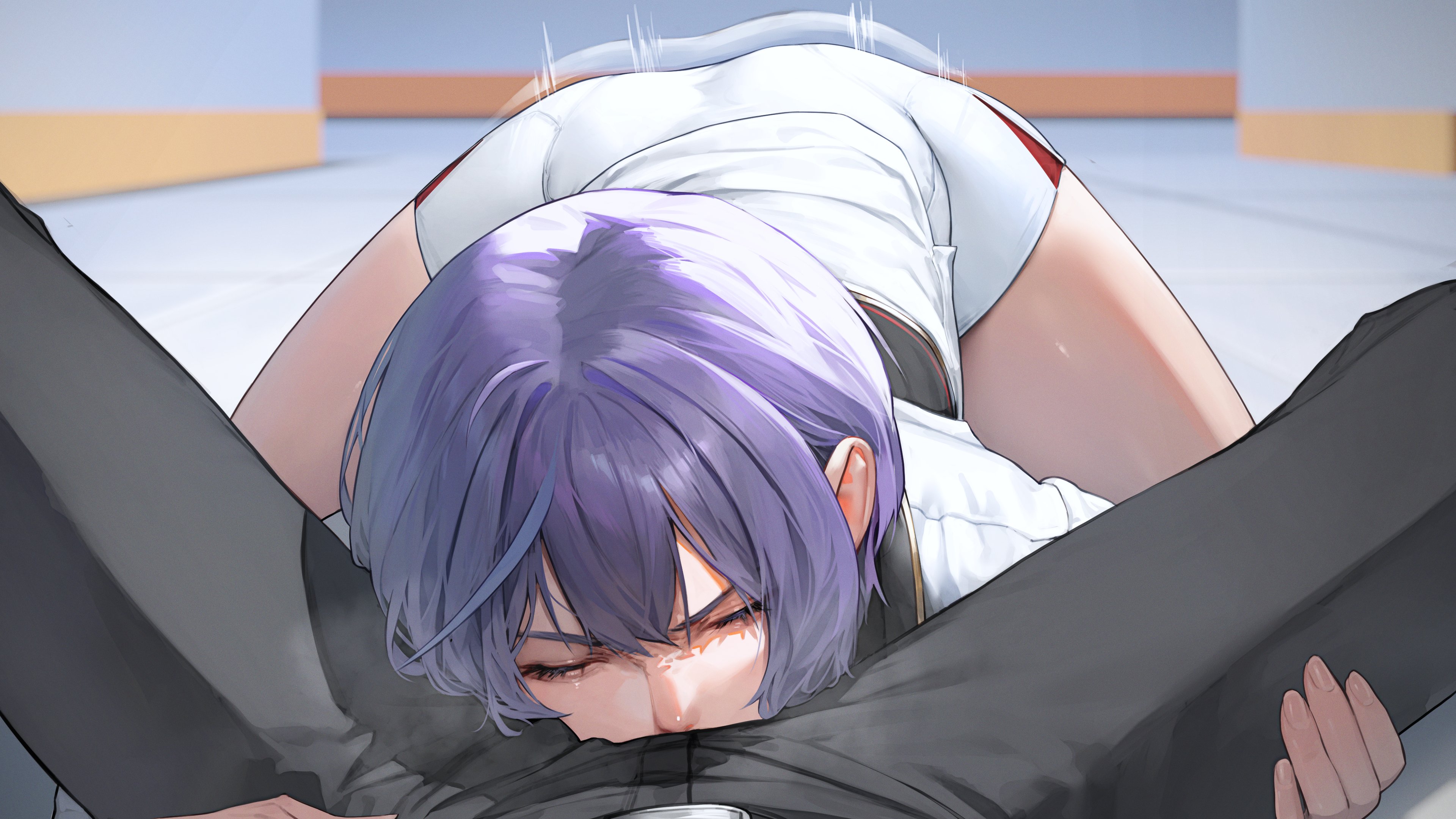 1boy, 1girls, afterimage, ass, beeeeen, black pants, blush, closed eyes, hi res, imminent oral, last origin, medium hair, motion lines, nerites (last origin), pov, purple hair, smelling penis, spread legs, steam, straight, white shirt, white shorts