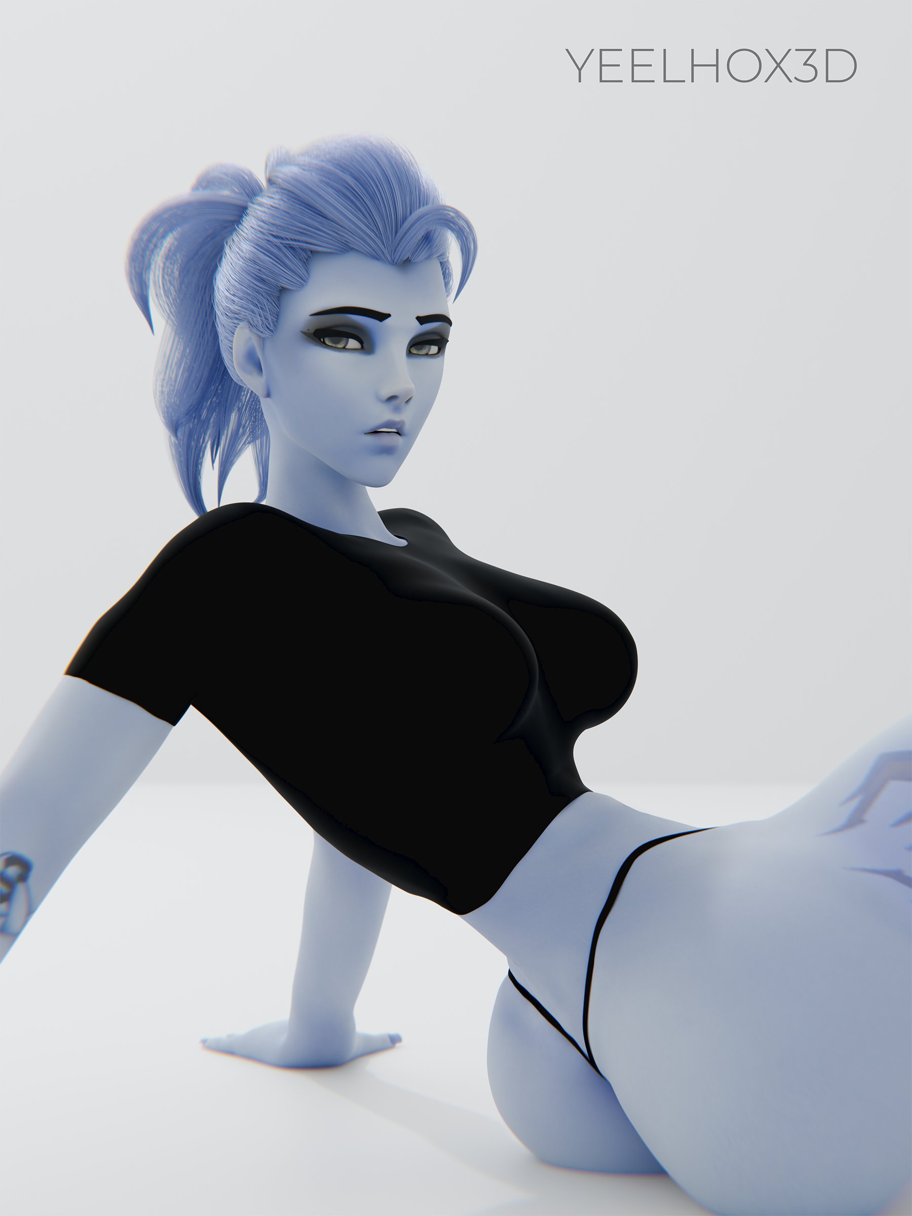 1girls, 2026, 3d, amelie lacroix, arm tattoo, ass, big breasts, blue eyeshadow, blue hair, blue skin, blue skinned female, blue-skinned female, covered breasts, crop top, enormous ass, eyeshadow, female, female only, leaning back, leaning on arm, long hair, looking at viewer, makeup, megan fox photoshoot, overwatch, overwatch 2, pose, reference, shirt, side view, simple background, sitting, sitting on ground, solo, tattoos, thigh tattoo, thong, tied hair, widowmaker, yeelhox3d, yellow eyes