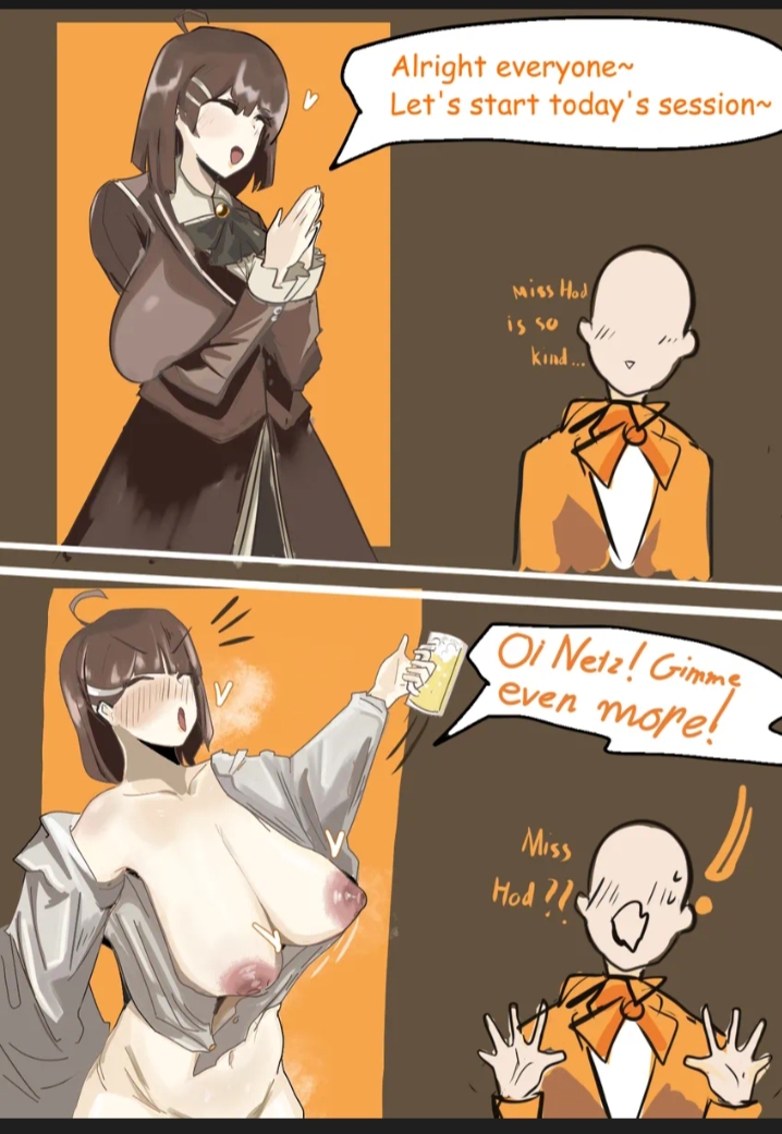 1boy, 1boy1girl, 1female, 1female1male, 1girls, 1girls1boy, 1male, 1male1female, anonymous male, asking for more, bald, beer, belly, belly bulge, belly button, big breasts, blush, breasts, brown hair, closed eyes, drunk, drunk bubble, female, female focus, hod (lobotomy corporation), library of ruina, notafishe, project moon, sagging breasts, solo focus, tagme, tummy, tummy bulge, undressing