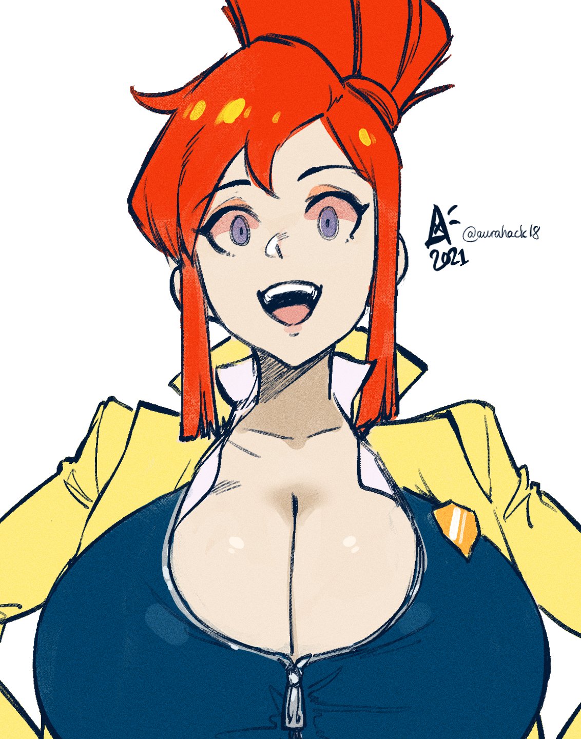 2021 artist_name aurahack badge blue_eyes breasts cleavage commentary female ghost_trick highres huge_breasts long_hair lynne_(ghost_trick) red_hair simple_background smile solo twitter_username white_background zipper