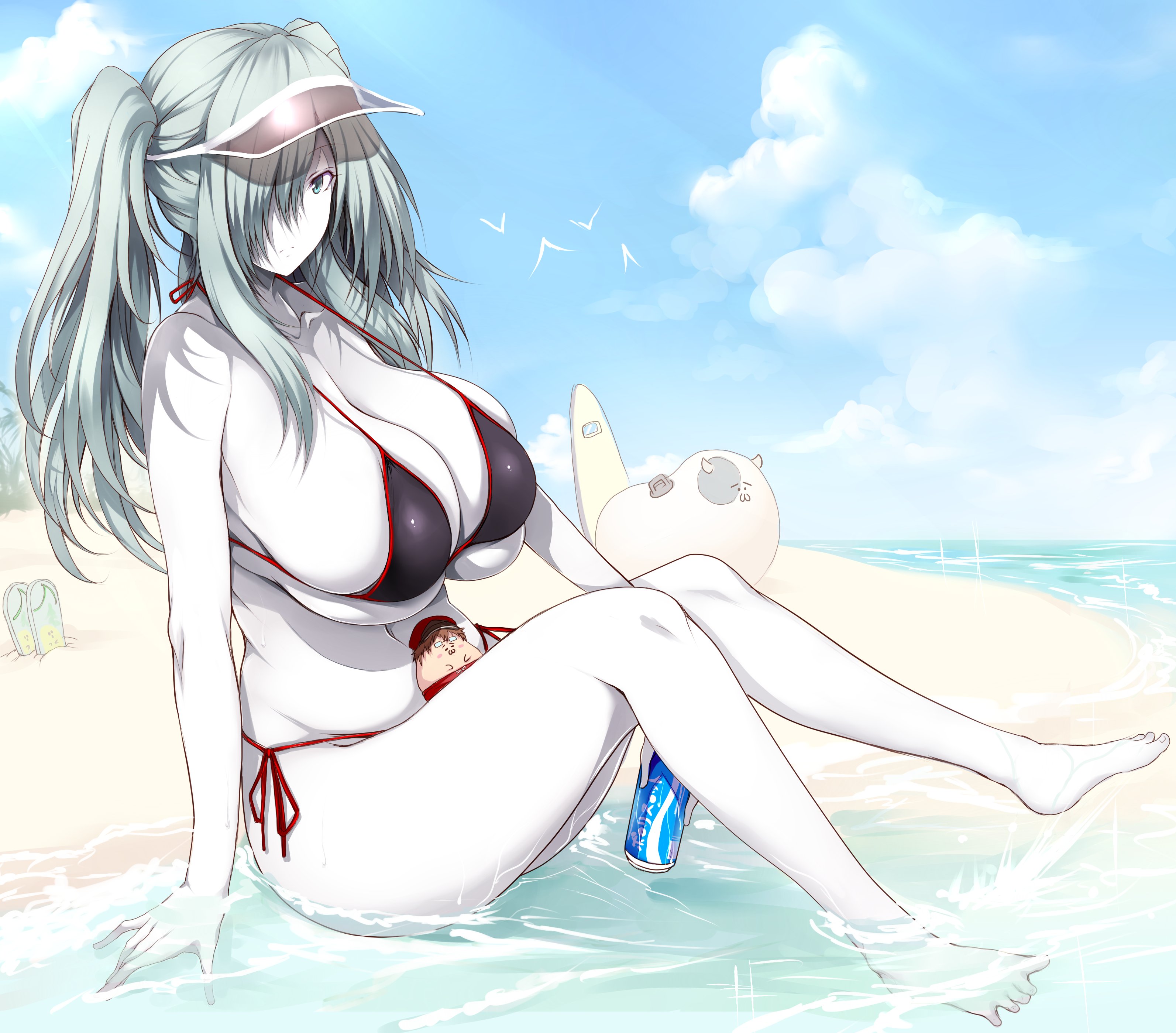 beach, bikini, blue eyes, breasts, breasts bigger than head, cells at work, cleavage, female, hair over one eye, hataraku saibou, hataraku saibou black, huge breasts, thick thighs, tsukasawa takamatsu, twintails, u-1196, visor, visor cap, voluptuous, white blood cell (hataraku saibou), white body