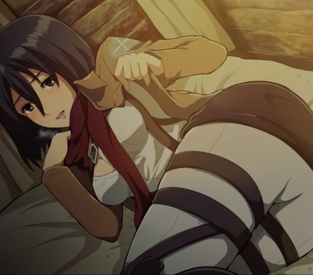 1girls, artist request, ass, ass focus, attack on titan, black eyes, black hair, breasts, cute, eyelashes, female, female only, fully clothed, grey eyes, laying down, laying on bed, looking at viewer, medium breasts, medium hair, mikasa ackerman, on side, pale skin, presenting ass, scar, scarf, shingeki no kyojin, short hair, shorts, slim, smile, solo