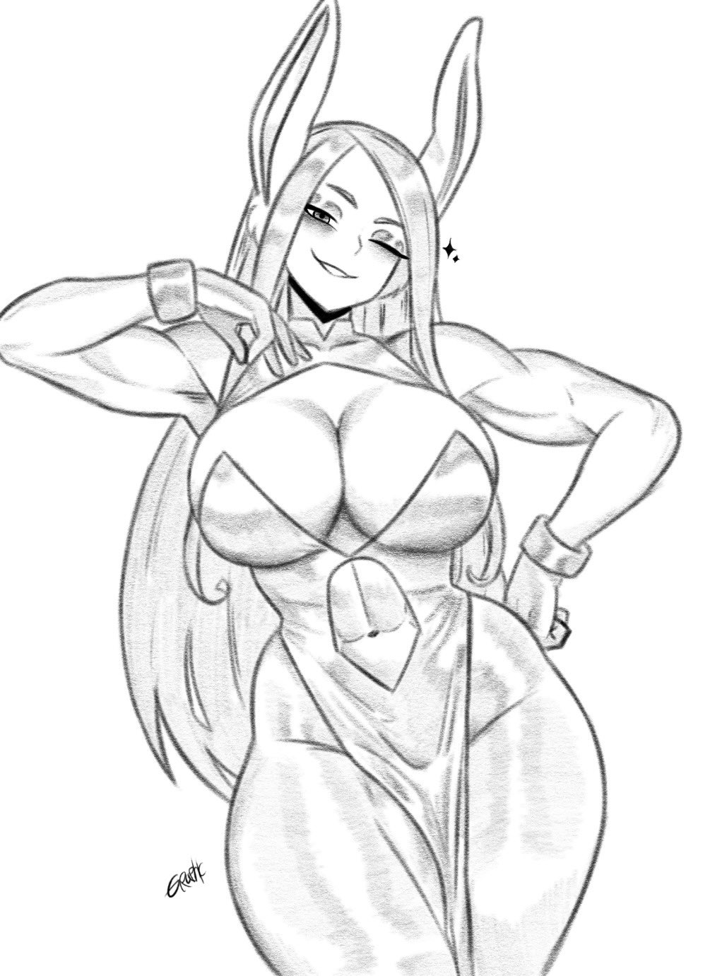 1girl, animal ears, big breasts, breasts, bunny ears, cleavage, curvy, digital drawing (artwork), digital media (artwork), drawing, dress, female, female only, graphicthereal, greyscale, hand on hip, huge breasts, long hair, miruko, monochrome, my hero academia, simple background, smile, solo, thick thighs, thighs, wide hips, wrist cuffs