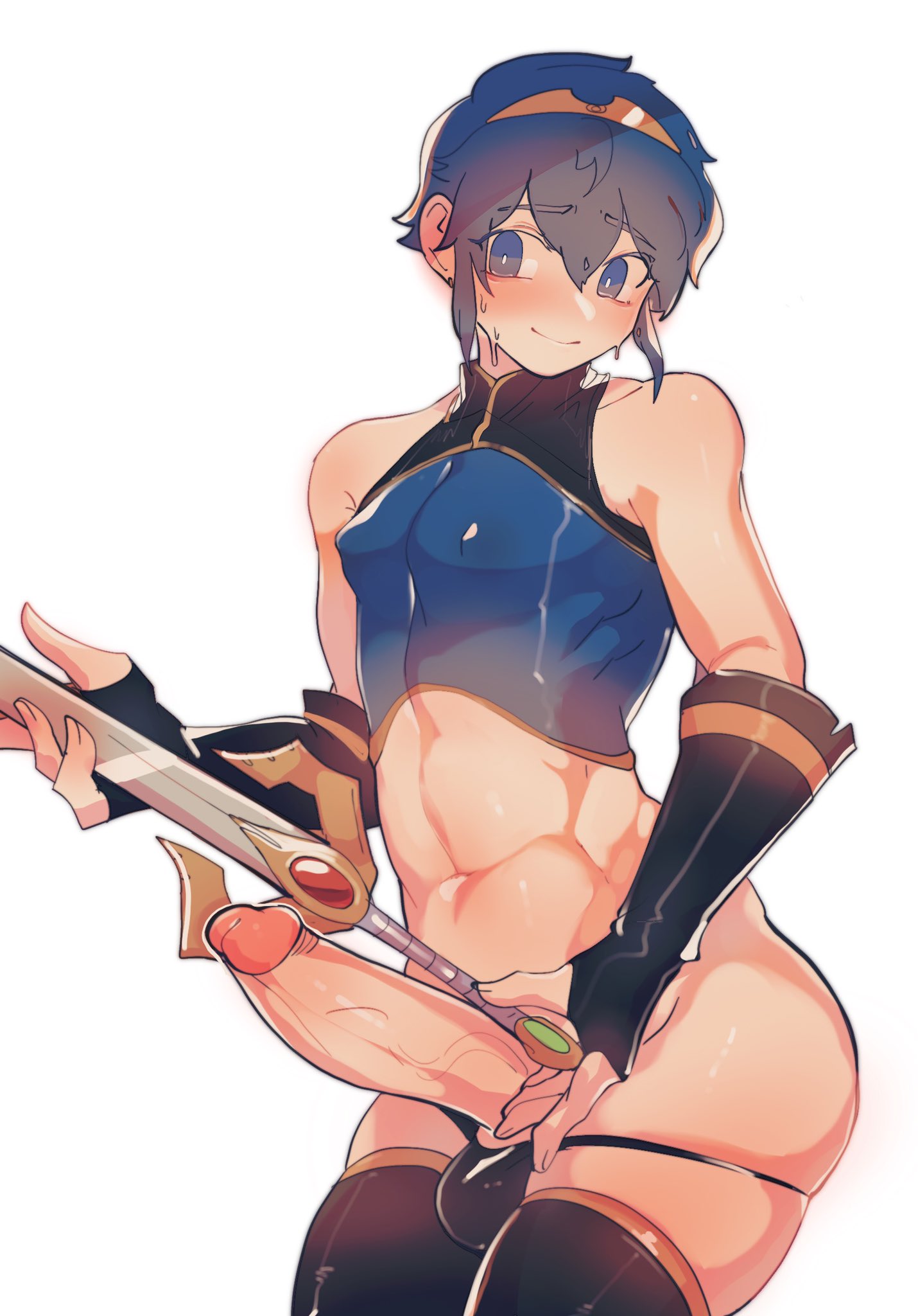 1boy, bare midriff, bare thighs, blue eyes, blue hair, byebyefrog, falchion (fire emblem), femboy, fire emblem, fire emblem: mystery of the emblem, fire emblem: shadow dragon and the blade of light, male, male only, marth (fire emblem), nintendo, nipple bulge, size difference, smile, solo, sword, thighhighs, thong, weapon