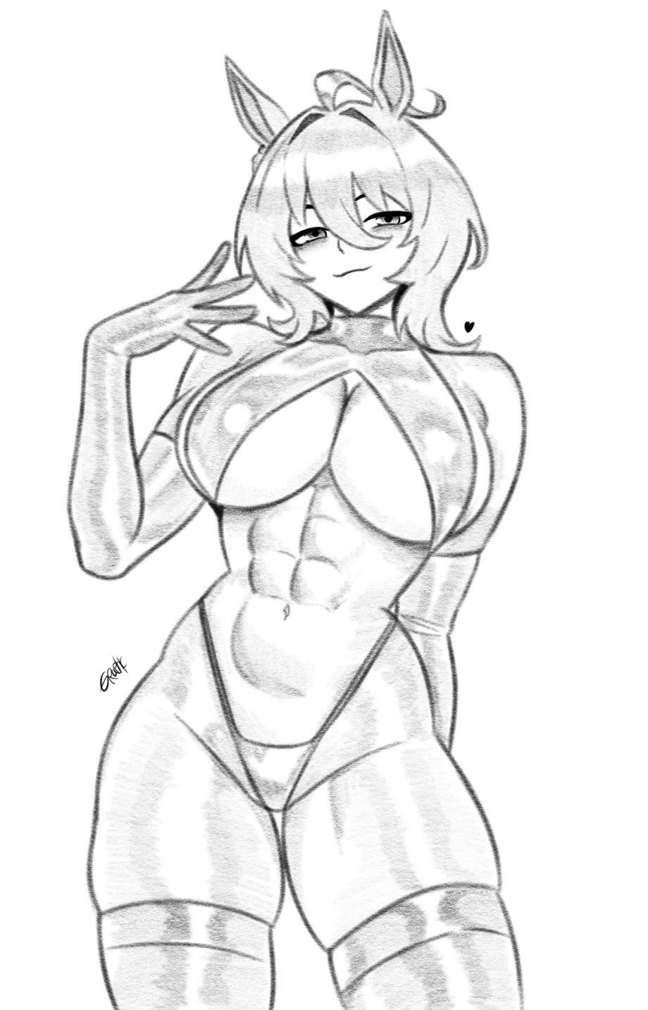 1girls, abs, agnes tachyon (umamusume), animal ears, antenna hair, breasts, cleavage, digital drawing (artwork), digital media (artwork), drawing, female, female only, graphicthereal, greyscale, highleg, highleg bikini, latex clothing, looking at viewer, monochrome, muscle, navel, short hair, simple background, smile, solo, swimsuit, thick thighs, thighhighs, toned, umamusume, underboob