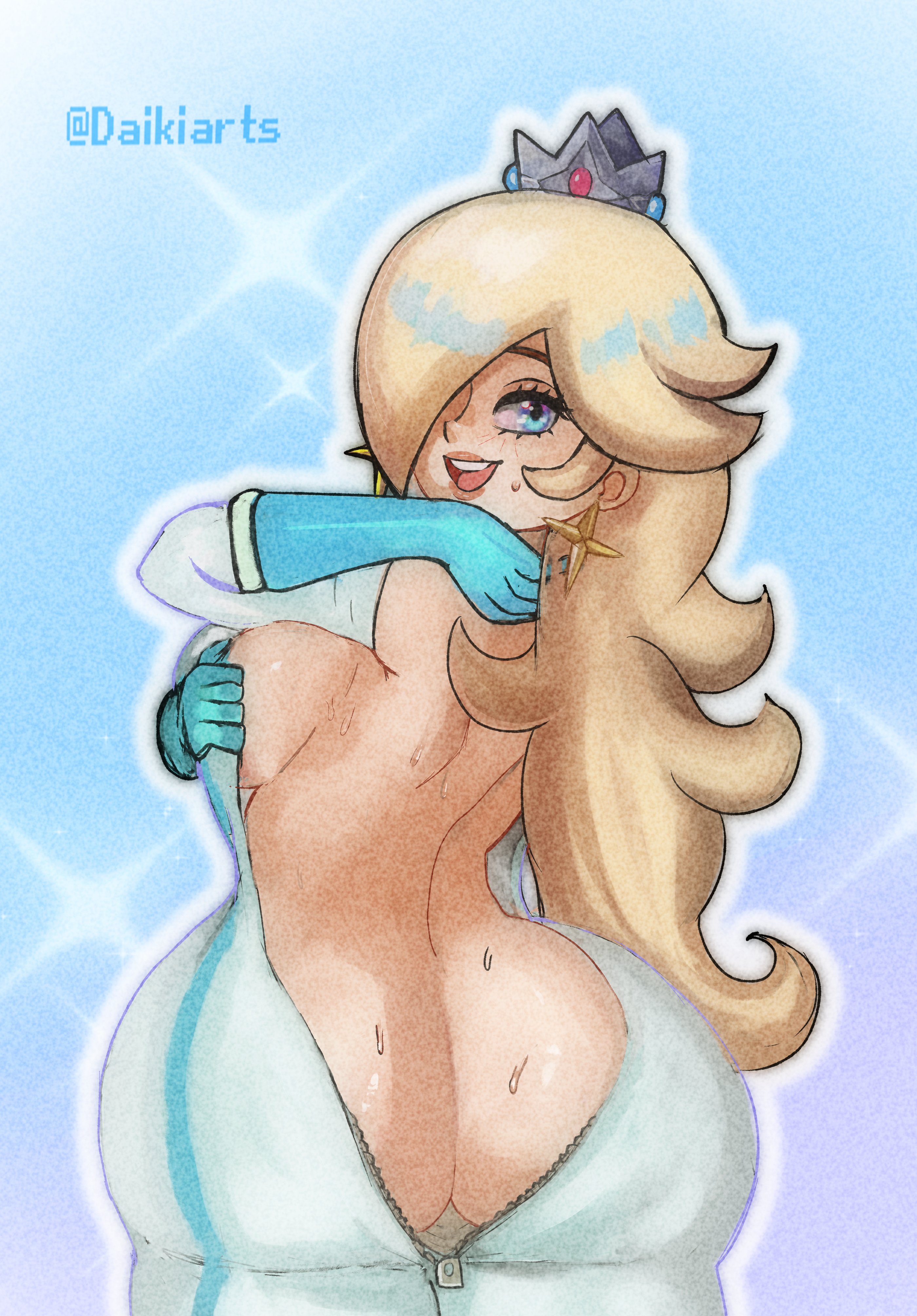 1girls, ass, big ass, big breasts, biker clothes, bikesuit, blonde hair, blue eyes, bodysuit, breasts, butt crack, crown, curvy, daikiarts, earrings, female, female only, gloves, hair over one eye, jewelry, lips, long hair, looking at viewer, looking back, mario (series), mario kart, mini crown, nintendo, princess rosalina, sideboob, smile, solo, sweaty