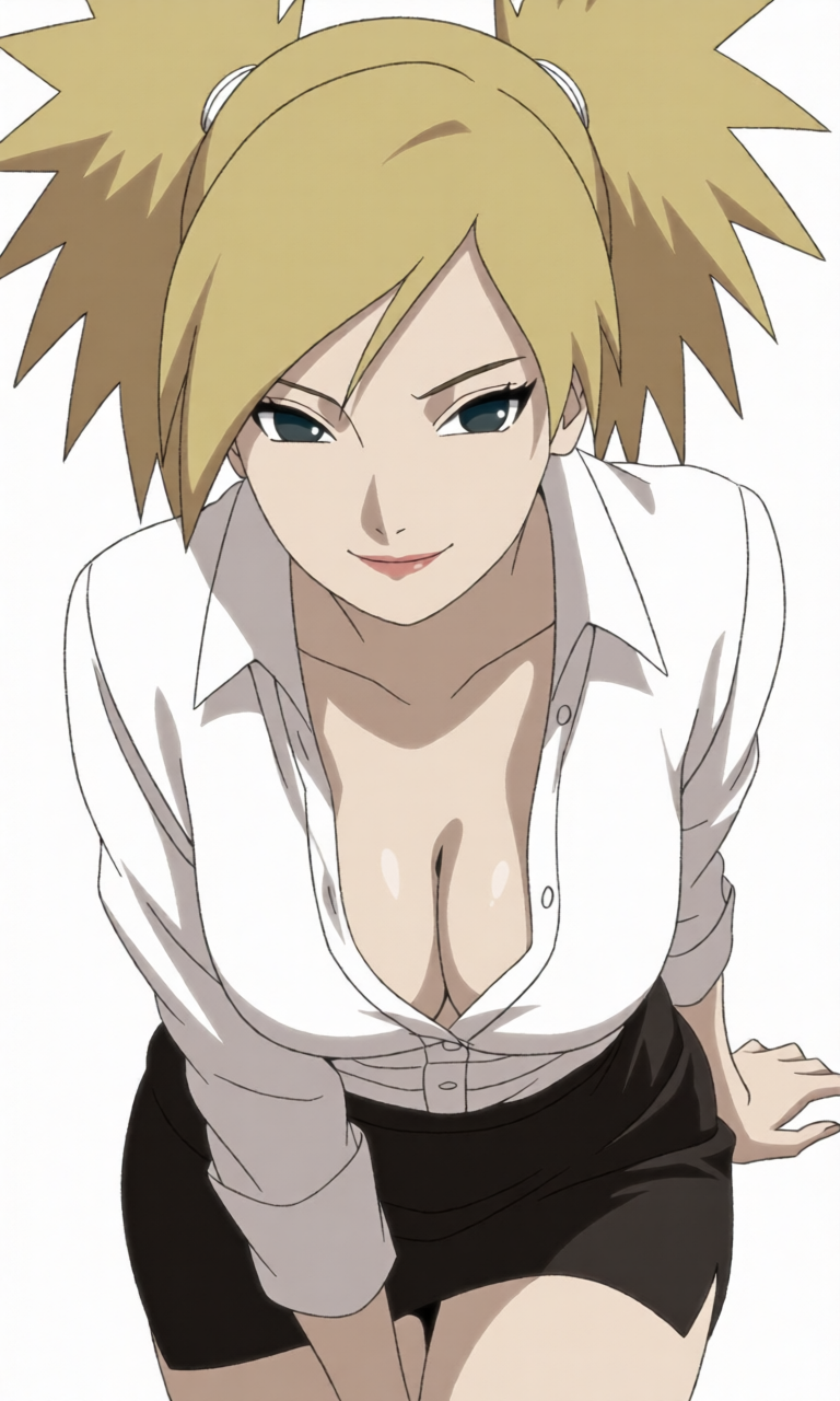 1girls, arm support, blonde hair, breasts, child bearing hips, cleavage, commentary, curvaceous, curvy, curvy body, curvy female, curvy figure, female, female only, formal, formal clothes, hourglass figure, indoors, kiripetals, laptop, legs together, light skin, light-skinned female, lipstick, long hair, makeup, miniskirt, naruto, naruto (series), naruto shippuden, naruto: the last, no bra, office, office lady, open shirt, plain background, presenting, presenting breasts, shirt, simple background, skirt, swept bangs, teal eyes, teasing, temari, thick thighs, thighs, twintails, unbuttoned, unbuttoned shirt, undressing, voluptuous, voluptuous female, white background, wide hips