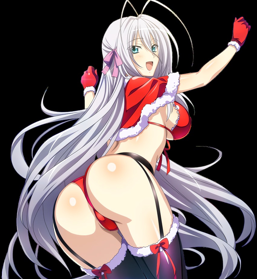 10s, animal ears, ass, black legwear, blue eyes, bow, cameltoe, capelet, eyebrows visible through hair, female, floating hair, garter belt, gloves, hair ribbon, hairbow, high school dxd, highres, long hair, looking at viewer, looking back, open mouth, panties, pink ribbon, pussy, red bow, red gloves, red panties, ribbon, rossweisse, santa gloves, silver hair, solo, thighhighs, transparent background, underwear, very long hair
