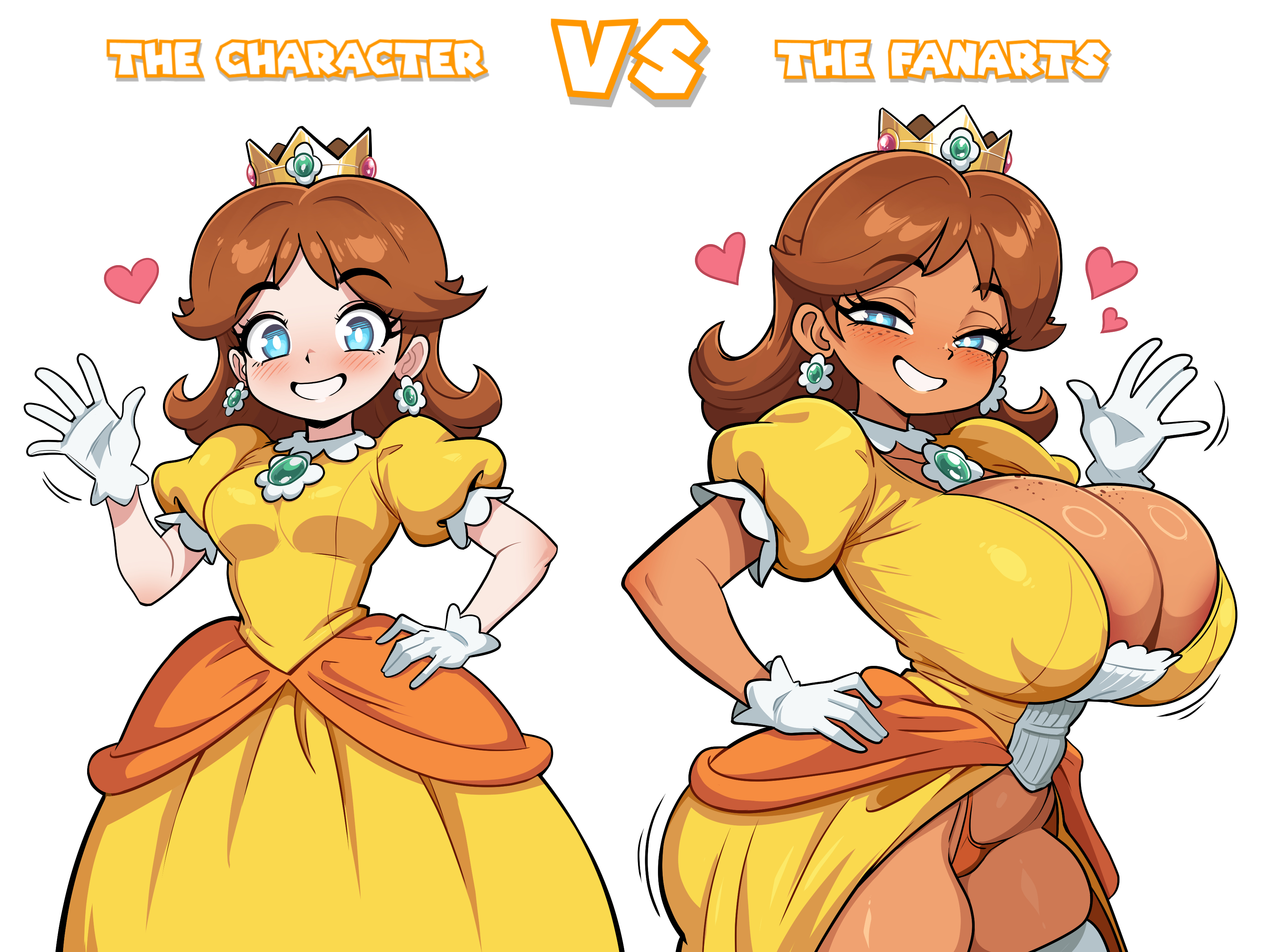 blue eyes, blush, canon vs fanon, crown, dress, freckles, gloves, huge breasts, kogeikun, mario (series), nintendo, princess, princess daisy, tanned, thick thighs, thong