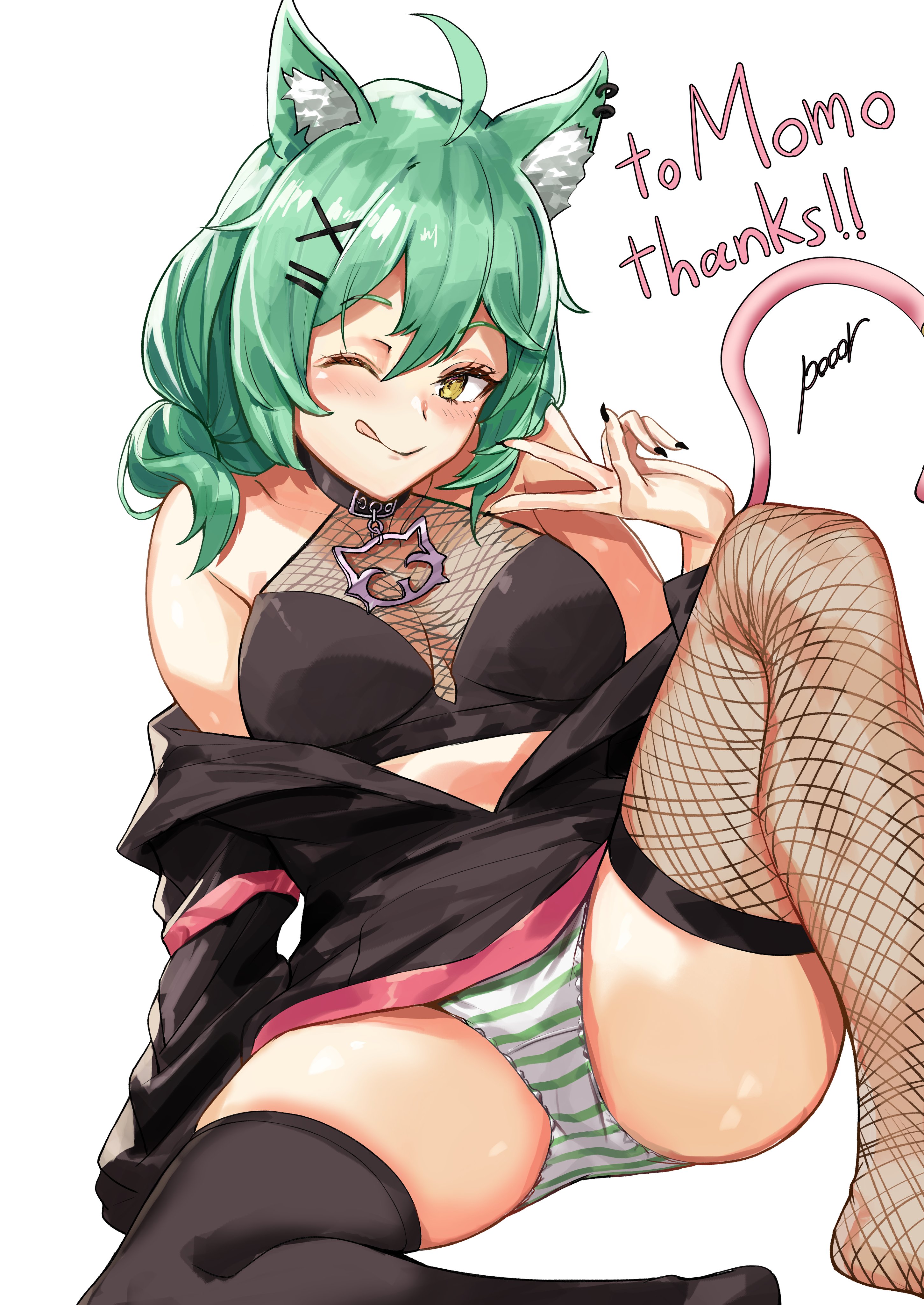 ahoge, animal ears, artist name, blush, collar, colored nails, ear piercing, fishnets, green hair, hair between eyes, hairclip, indie virtual youtuber, inner ear fluff, momomischief, nail polish, panties, peace sign, piercing, pooor, skindentation, striped panties, thank you, upskirt, v sign, virtual youtuber, watermark, wink, yellow eyes