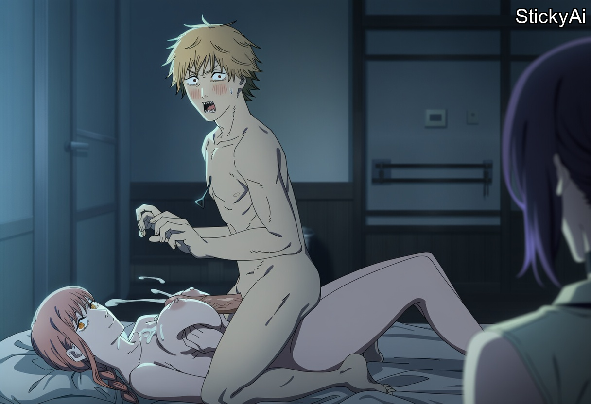 1boy, 2girls, accurate art style, ai generated, anime coloring, black hair, blonde hair, caught, caught in the act, chainsaw man, completely nude, completely nude female, cuckquean, curvy, denji (chainsaw man), implied sex, indoors, large breasts, long hair, makima (chainsaw man), mature female, netorare, nipples, ntr, ponytail, red hair, reze (chainsaw man), sex, stickyai, walk-in, walked in on
