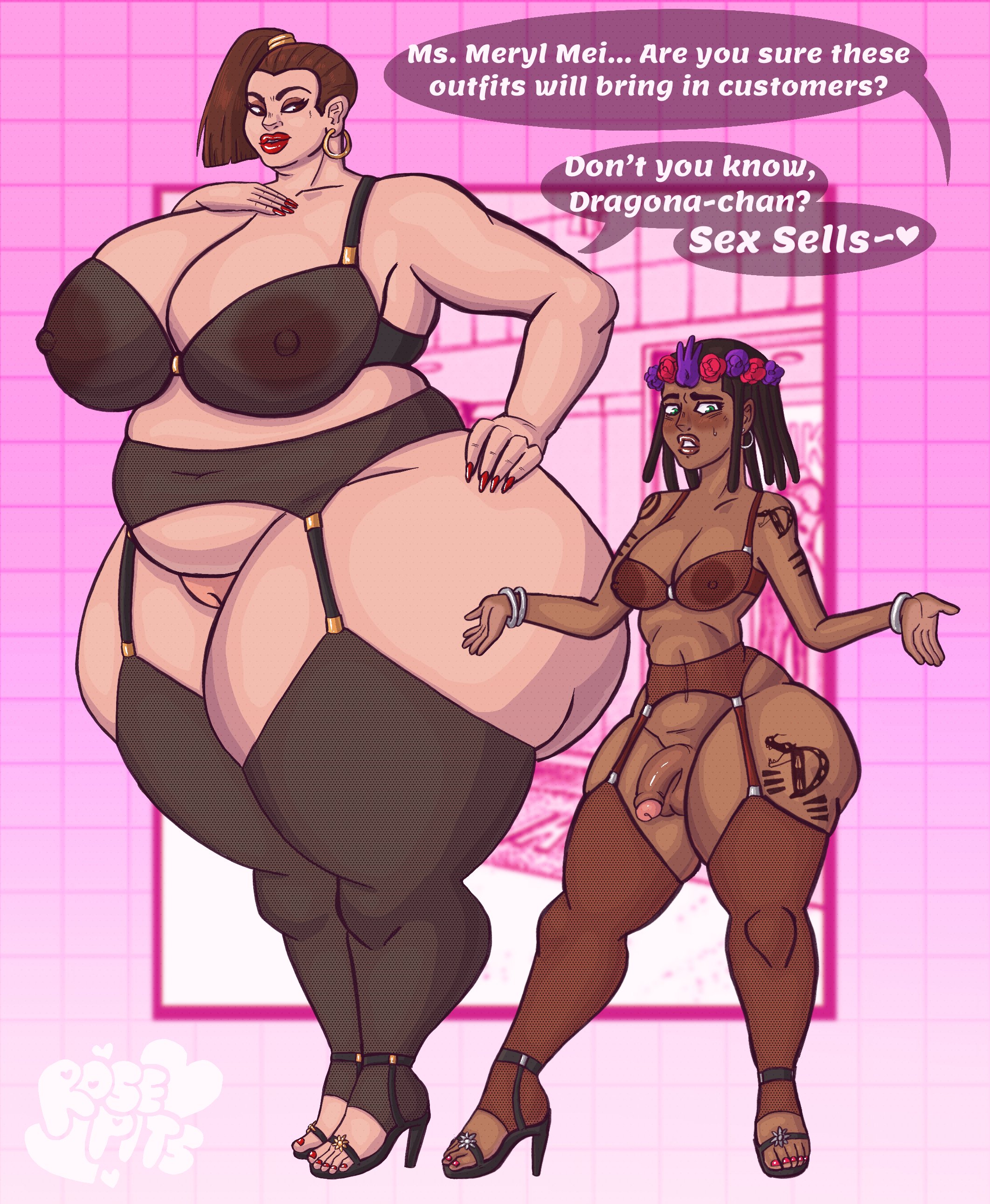 1dickgirl, 1girls, age difference, areolae, belly, bigger female, black hair, blush, boss, boss and employee, boss and subordinate, bra, bracelet, brown eyes, brown hair, chocolate, curvaceous, dark-skinned futa, dialogue, dickgirl, dragona joestar, dreadlocks, duo, earrings, embarrassed, employee, female, flaccid, flower crown, futanari, garter straps, green eyes, hand on hip, height difference, high heels, high ponytail, huge ass, huge breasts, huge thighs, jojo's bizarre adventure, large areolae, larger female, leggings, light-skinned female, lingerie, lips, lipstick, makeup, mature female, meryl mei qi, milf, nail polish, nipples, older female, overweight, overweight female, pear shaped, penis, plump, ponytail, principal, principal and student, pussy, red lipstick, rosepits, see-through bra, shorter futa, size difference, smaller futa, taller female, tattoo, teacher, teacher and student, the jojolands, thick thighs, trans woman, transfem, uncut, voluptuous, wide hips, younger futa