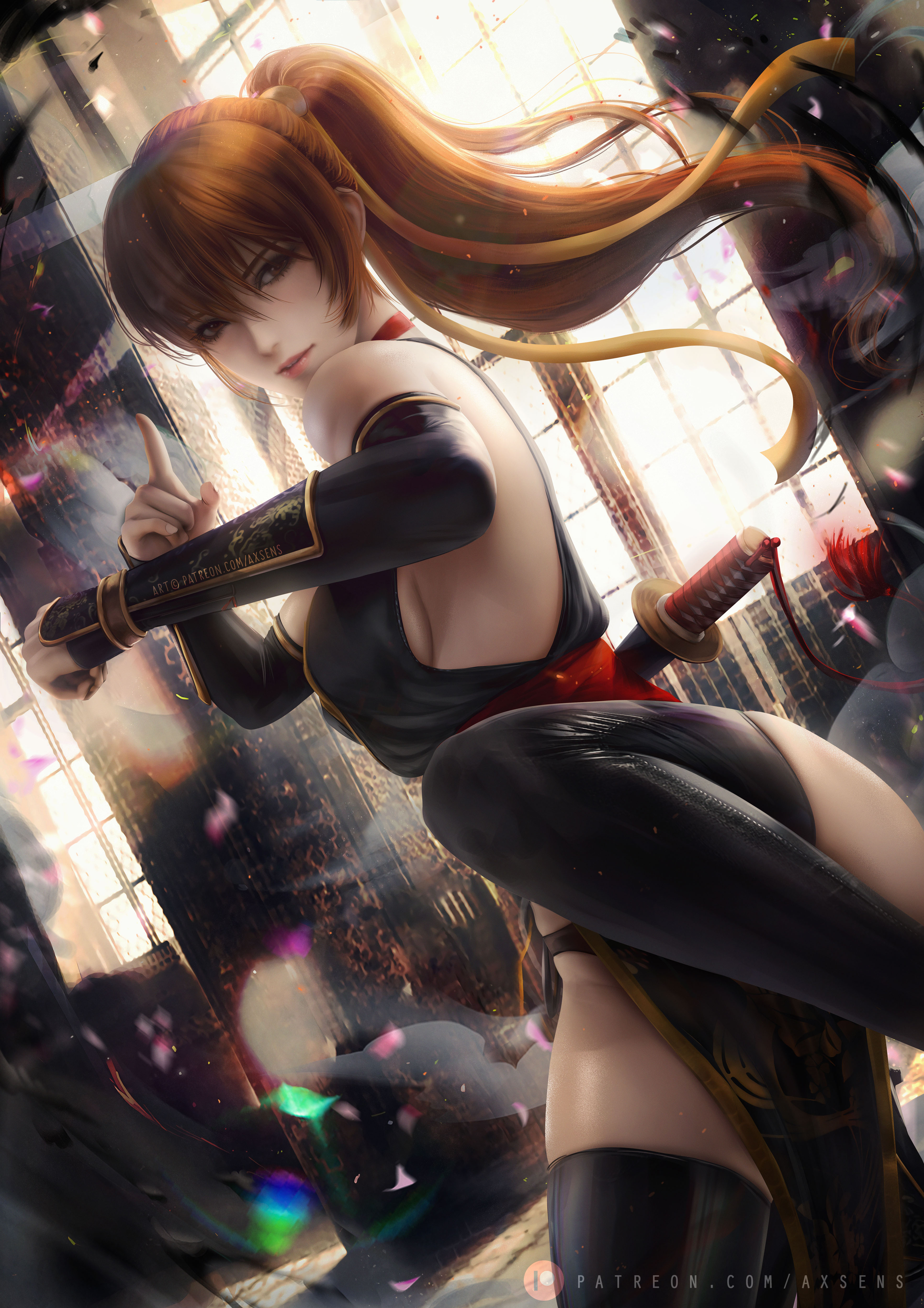 1girls, action pose, axsens, bangs, breasts, brown eyes, clothed, clothing, dead or alive, dead or alive 5, female, female focus, female only, ginger hair, kasumi (doa), katana, long hair, long ponytail, ninja, ponytail, sideboob, solo, solo female, solo focus, sword, thick thighs, thighhighs, thighs, tunic, weapon