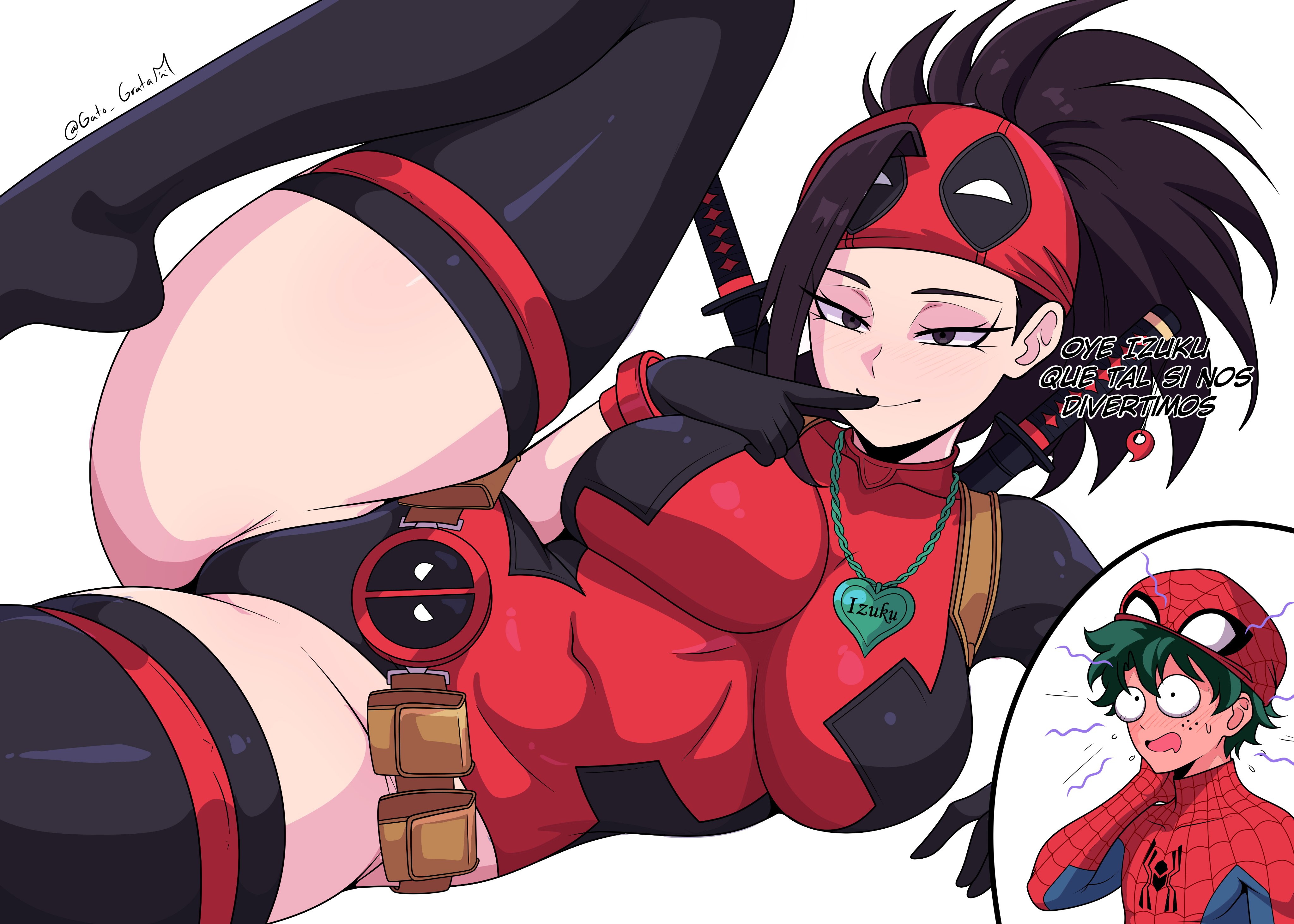1girls, 2026, big breasts, deadpool (cosplay), female focus, gato gratam, izuku midoriya, marvel, momo yaoyorozu, my hero academia, spanish text, spider-man (cosplay), tagme, thick, thick thighs