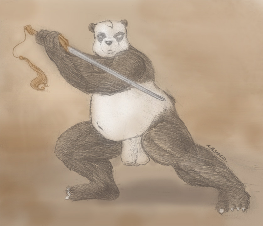 2006 anthro balls belly black_body black_fur black_nose caesarcub flaccid fur genitals giant_panda humanoid_genitalia humanoid_hands humanoid_penis male male_only mammal melee_weapon overweight overweight_anthro overweight_male penis solo solo_male sword ursid weapon white_body white_fur