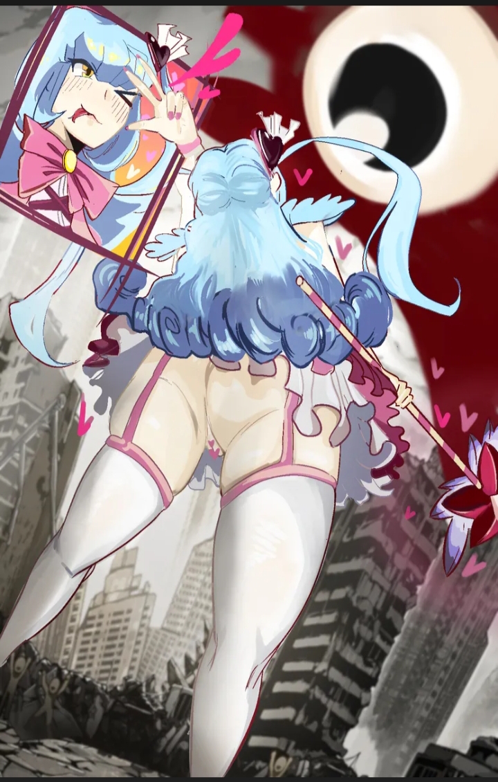 abnormality (project moon), ass, ass focus, big ass, big butt, blue hair, butt focus, censor bar, convenient censoring, heart, heart censor, heart symbol, hearts around head, library of ruina, lobotomy corporation, looking up, magical girl, notafishe, peace sign, project moon, queen of hatred, stockings, tagme, thick, thick ass, thick hips, thick legs, thick thighs, thighs, upskirt, vagina, yellow eyes