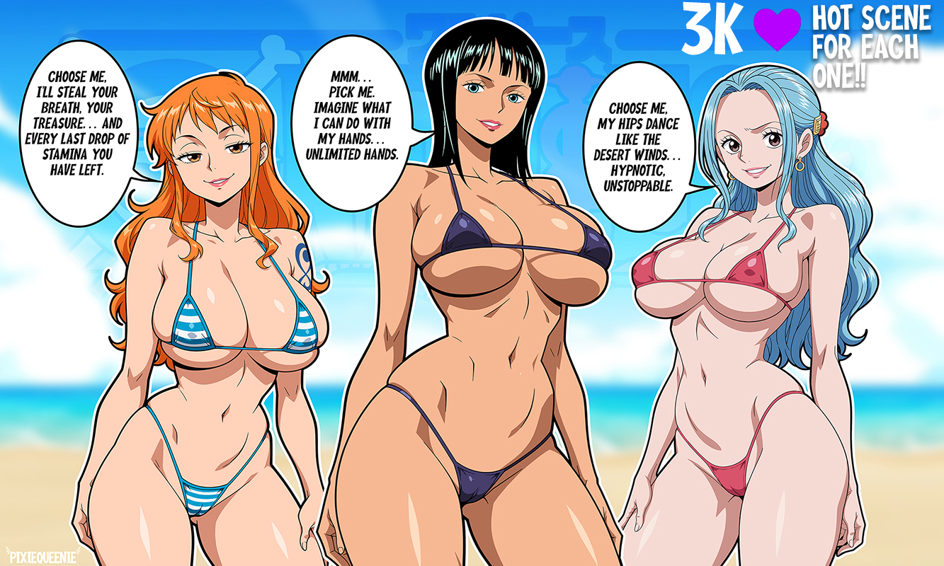 3girls, arm tattoo, big ass, big breasts, big thighs, black hair, black-haired female, blue hair, blue tattoo, blue-haired female, breasts, curvaceous, curvy, curvy figure, dark hair, dialogue, digital media (artwork), english text, female, female only, hips, hourglass figure, huge ass, huge breasts, huge thighs, large ass, large breasts, large thighs, legs, light skin, light-skinned female, mature, mature female, multiple girls, nami (one piece), nefertari vivi, nico robin, one piece, orange hair, orange-haired female, pixiqueenie, slim waist, speech bubble, takeyourpick, tattoo, text, thick, thick hips, thick legs, thick thighs, thighs, voluptuous, waist, wide hips, wide thighs