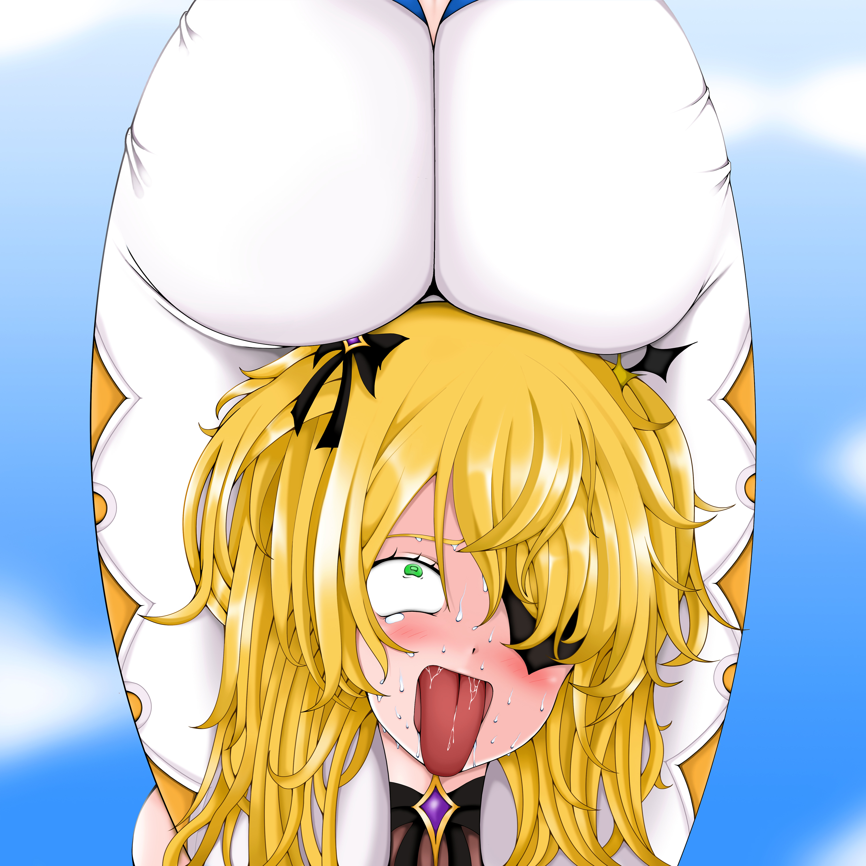 2girls, ahe gao, asphyxiation, ass, between legs, big ass, blonde hair, blush, bubble ass, female, female only, fischl (genshin impact), from behind, genshin impact, green eyes, headscissor, hi res, huge ass, jean gunnhildr, leg lock, multiple females, multiple girls, smile, sweat, tight pants, tights, tongue, tongue out, twintails