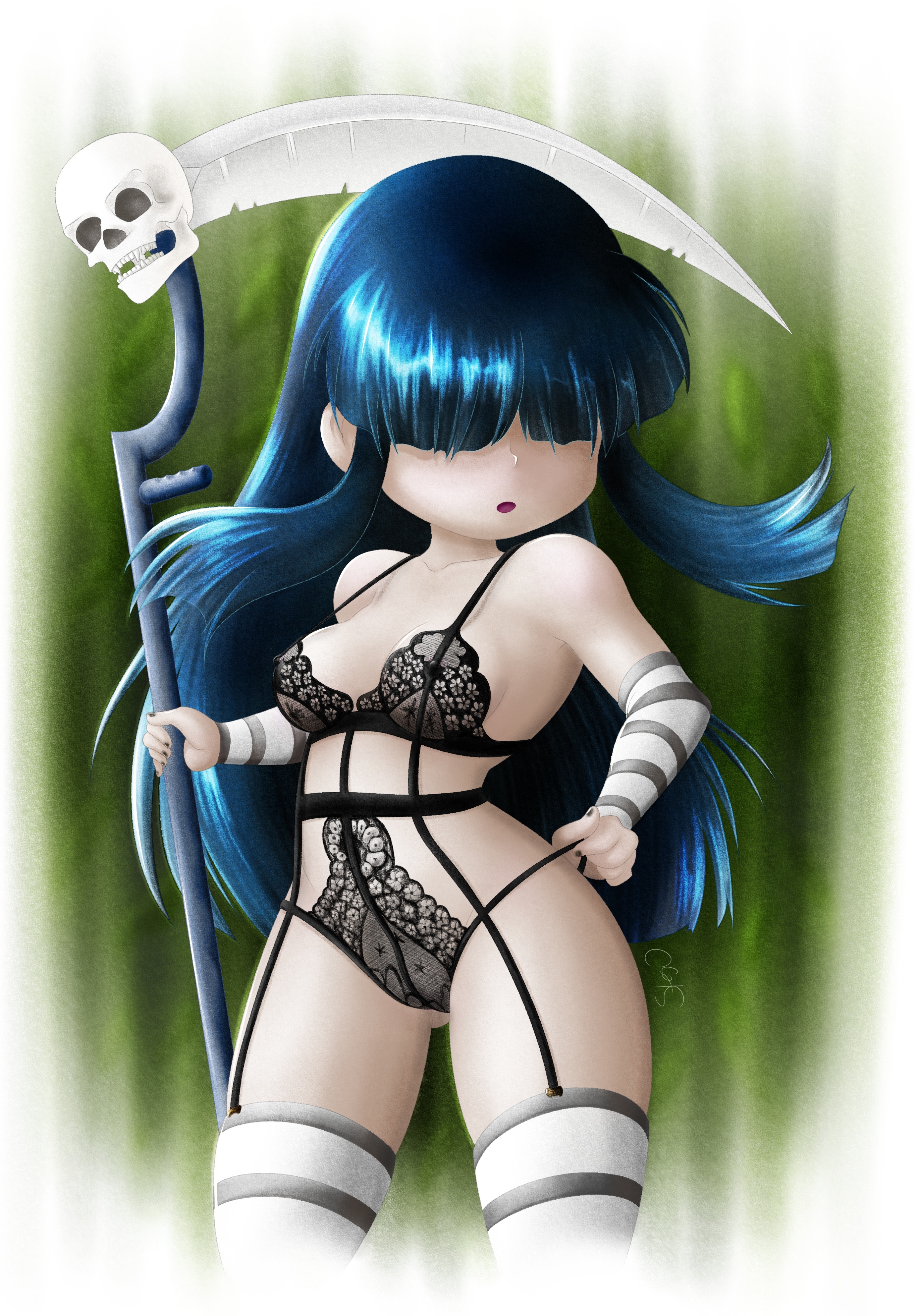 1girls, aged up, arm warmers, bangs, blunt bangs, breasts, female, female only, garter belt, garter straps, goth, goth girl, hair over eyes, hips, holding object, holding weapon, lace, lingerie, long hair, lucy loud, older, scythe, skull, small breasts, solo, solo female, steg-o, teddy (clothing), the loud house, thighs, weapon