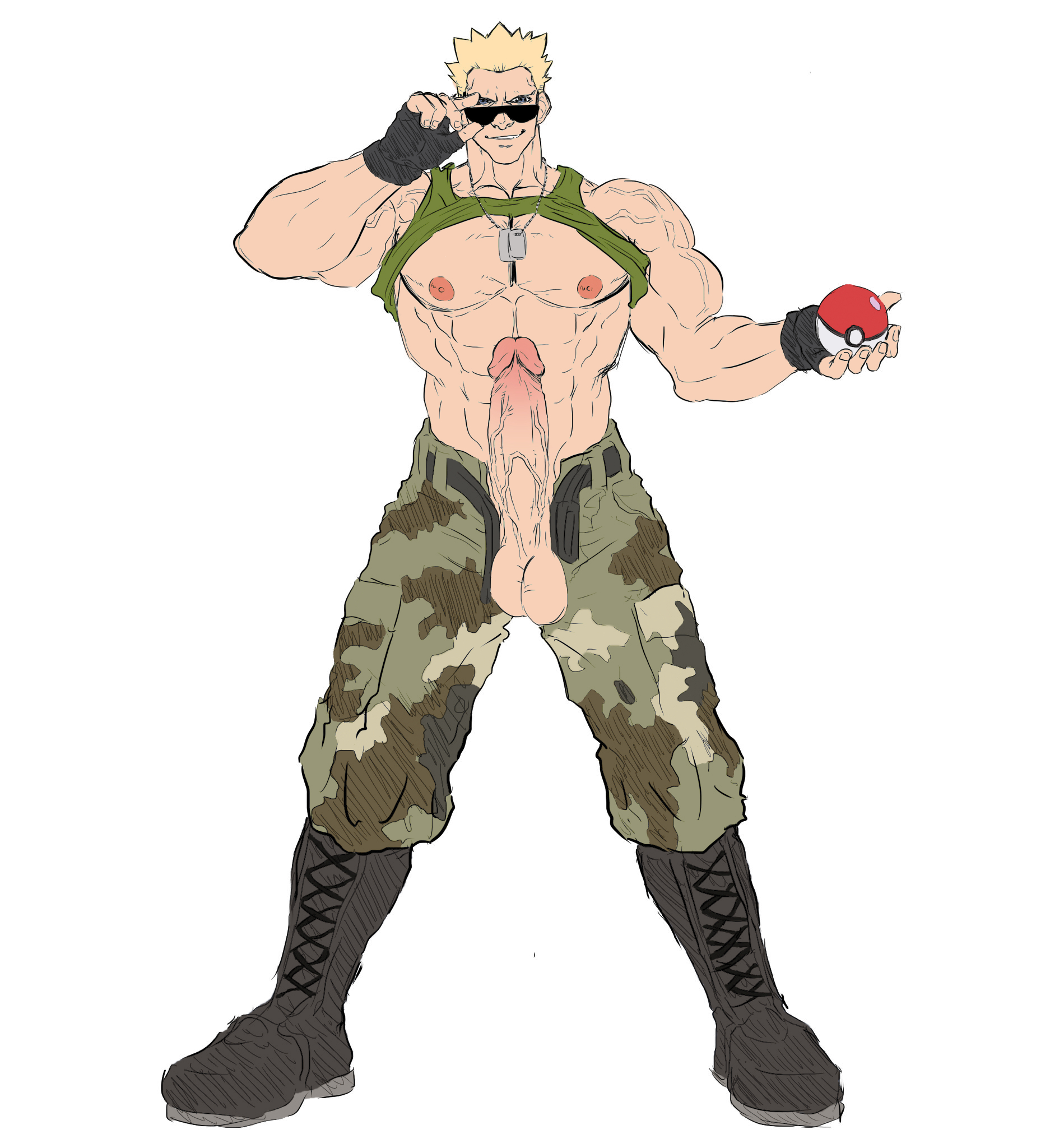 1boy, abs, adjusting eyewear, adjusting glasses, adjusting sunglasses, balls, bara, big balls, big nipples, big pecs, big penis, big testicles, blonde hair, boots, camouflage pants, erection, exposed nipples, fingerless gloves, gay, huge balls, huge cock, huge testicles, human, human only, imminent sex, legs apart, looking at viewer, looking over eyewear, looking over glasses, looking over sunglasses, lt surge, male, male only, mb artblog, muscles, muscular, muscular male, nipples, pants open, pecs, penis, penis out, penis through fly, pokeball, pokemon, shirt up, shirtless, solo, solo male, spiky hair, sunglasses, tank top, testicles, tinted eyewear, topless, veiny muscles, veiny penis, yaoi