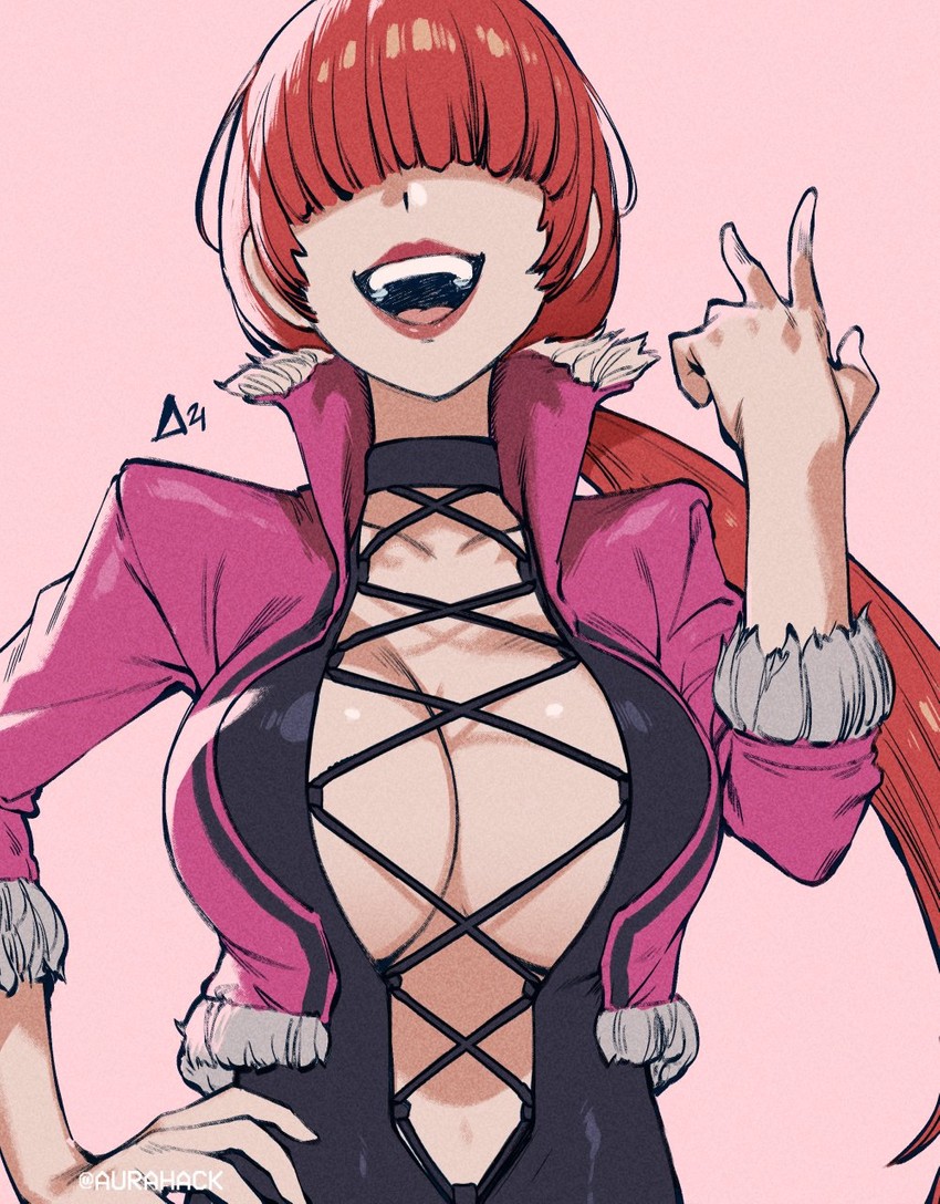 aurahack black_choker black_dress breasts choker cleavage covered_eyes cropped_jacket dress hair_over_eyes hand_on_hip hidden_eyes highres jacket king_of_fighters king_of_fighters_xv lace-up_top large_breasts laughing lipstick long_hair makeup no_bra open_mouth pink_background pink_jacket popped_collar red_hair red_lips shermie_(kof) snk split_ponytail stuffed_toy upper_teeth