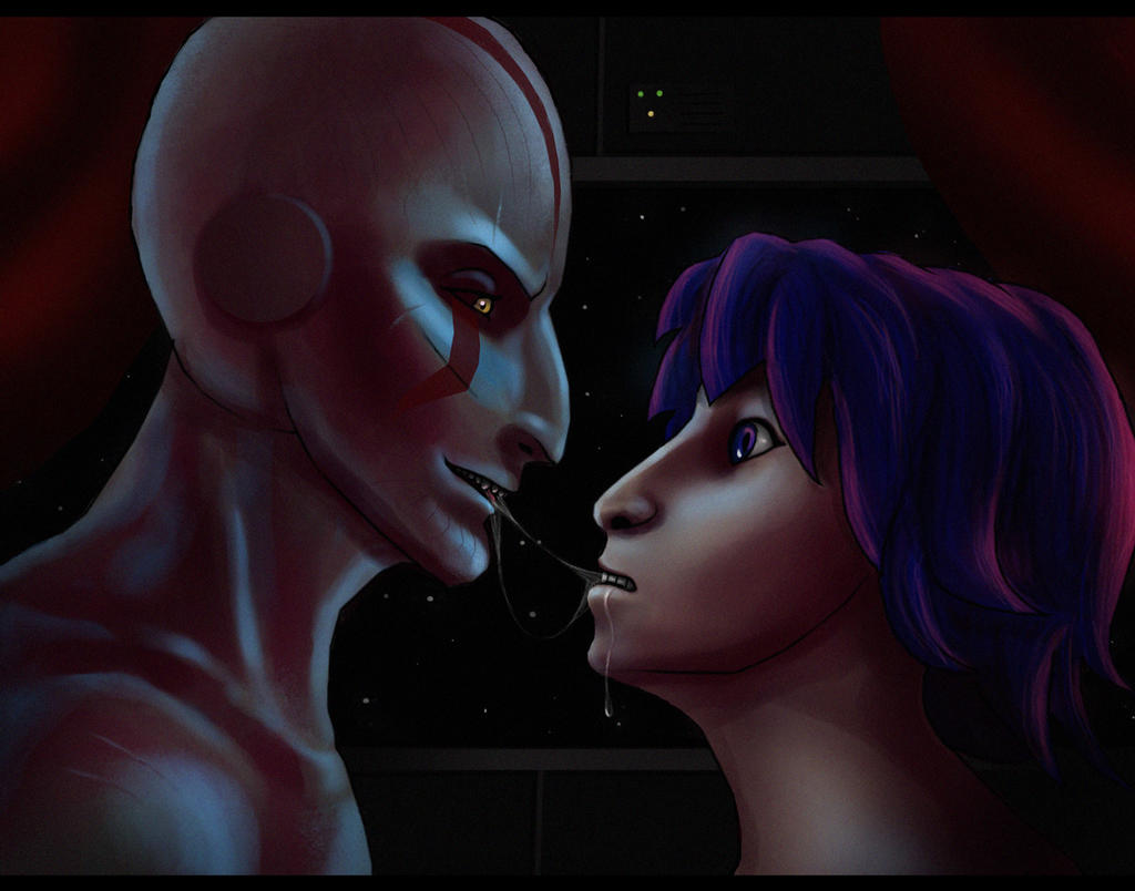 2boys bald bio-gear blue_eyes blue_hair ezra_bridger grand_inquisitor inquisitor_(star_wars) interspecies kissing male_focus male_only nude open_mouth pau'an saliva short_hair simple_background standing star_wars star_wars_rebels yellow_eyes