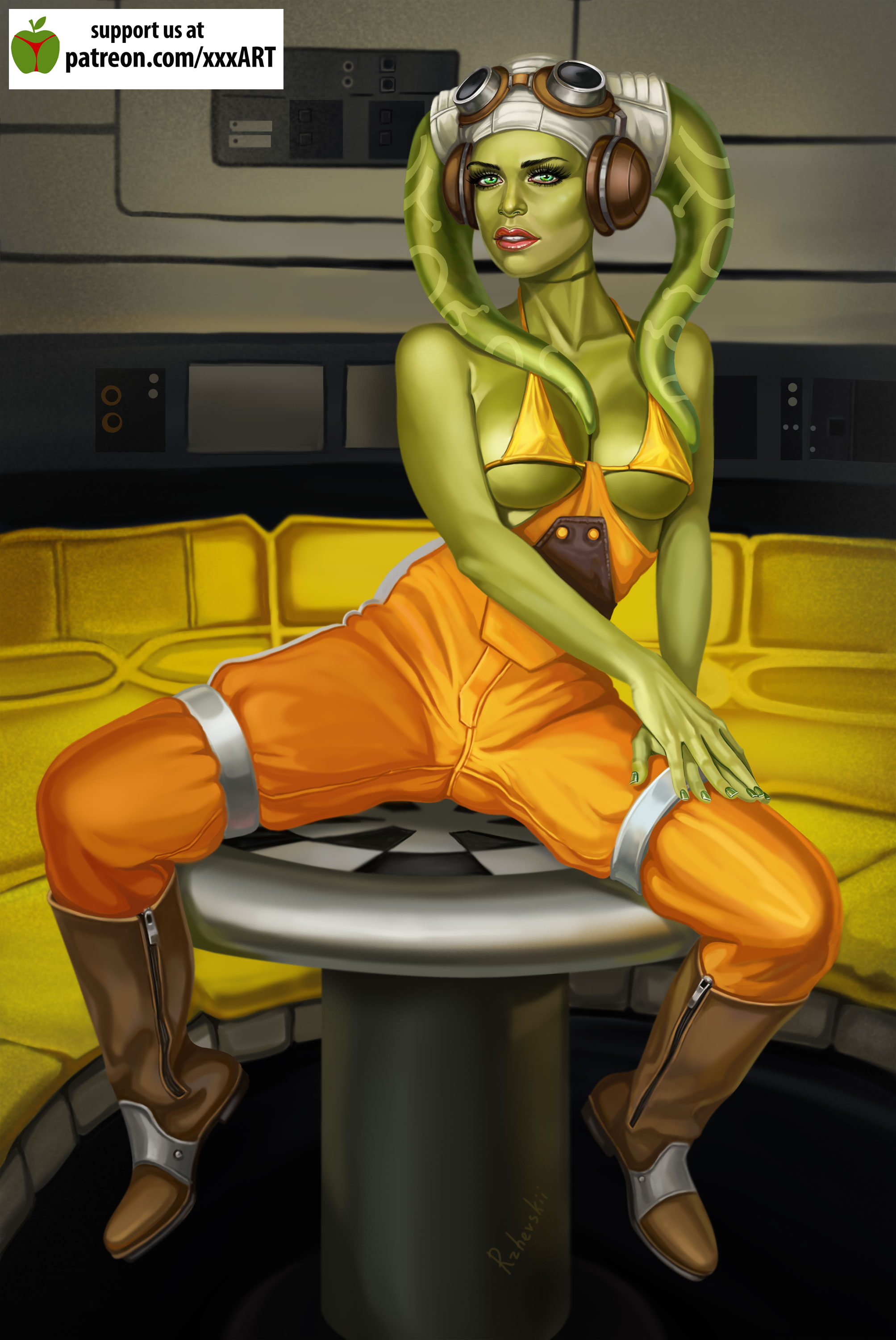 1girls, big breasts, breasts, cleavage, clothed, clothing, curvy, detailed background, female, female focus, female only, green eyes, hera syndulla, looking at viewer, revealing clothes, rzhevskii, solo, spread legs, star wars, star wars rebels, text, twi'lek, underwear, wide hips
