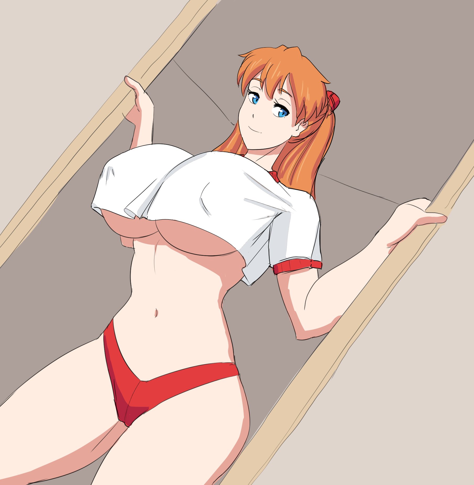 1girls, aged up, amazon, asuka langley sohryu, blue eyes, breasts, breasts bigger than head, clothing, erect nipples, erect nipples under clothes, female, female only, gym uniform, large breasts, neon genesis evangelion, nipples, no bra, red hair, red panties, rexcrash64, solo, standing in doorway, underboob