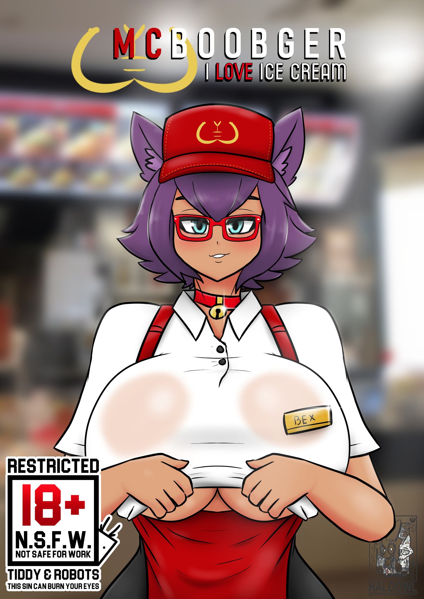 big breasts, breasts, comic, female, haloowl, mcdonald's, name tag, see-through clothing