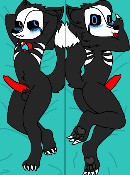 bedroom black_fur blue_eyes blush body_pillow butt_shot claws-and-paws cute deadtale furry large_ass large_penis looking_at_viewer pawpads paws red_penis riskaver riskaver_(artist) skulldog_(species) tongue