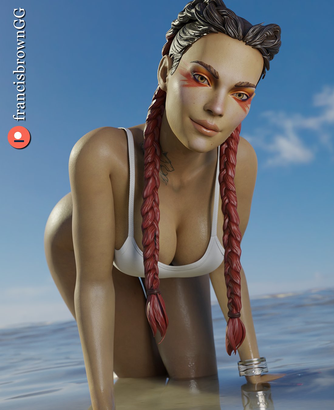 1girls, 3d, 3d (artwork), apex legends, breasts, cleavage, dark skin, dark-skinned female, female, female only, francis brown, loba (apex legends), looking at viewer, solo, water
