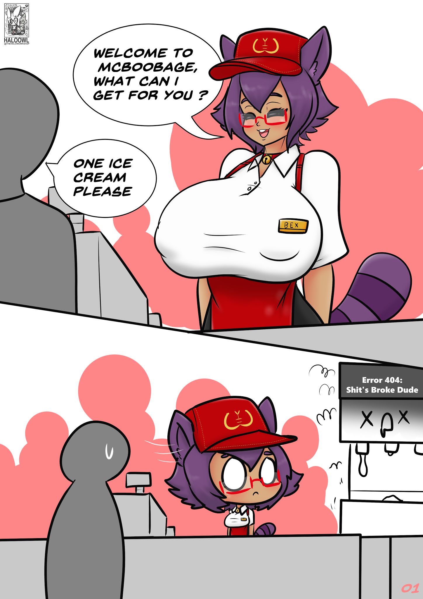 1boy, 1girls, big breasts, breasts, collar, comic, female, gigantic breasts, haloowl, huge breasts, male, mcdonald's, speech bubble
