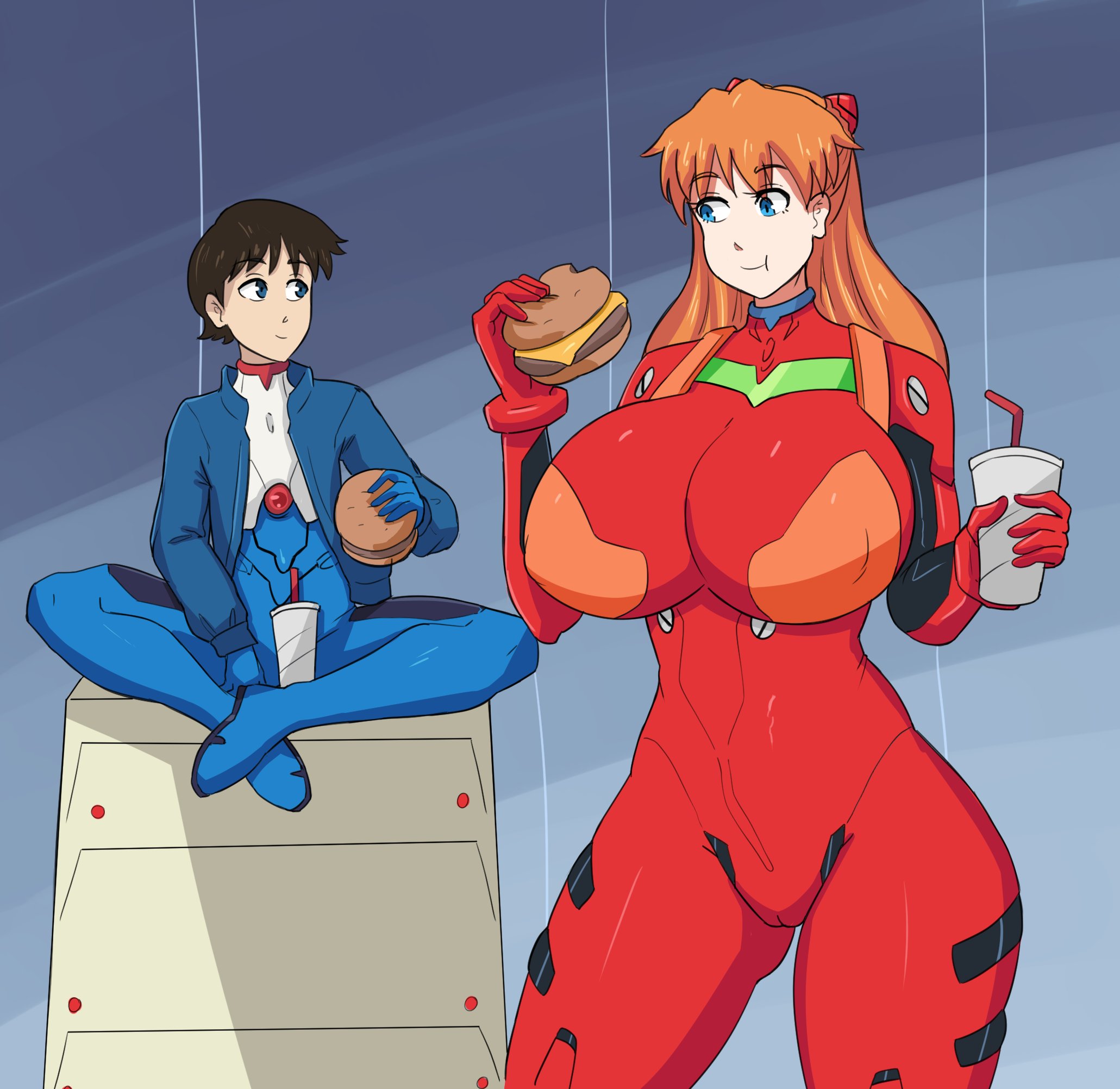 1boy, asuka langley sohryu, breasts, breasts bigger than head, burger, clothing, fastfood, female, gym, gym storeroom, large breasts, larger female, male, neon genesis evangelion, plugsuit, rexcrash64, shinji ikari