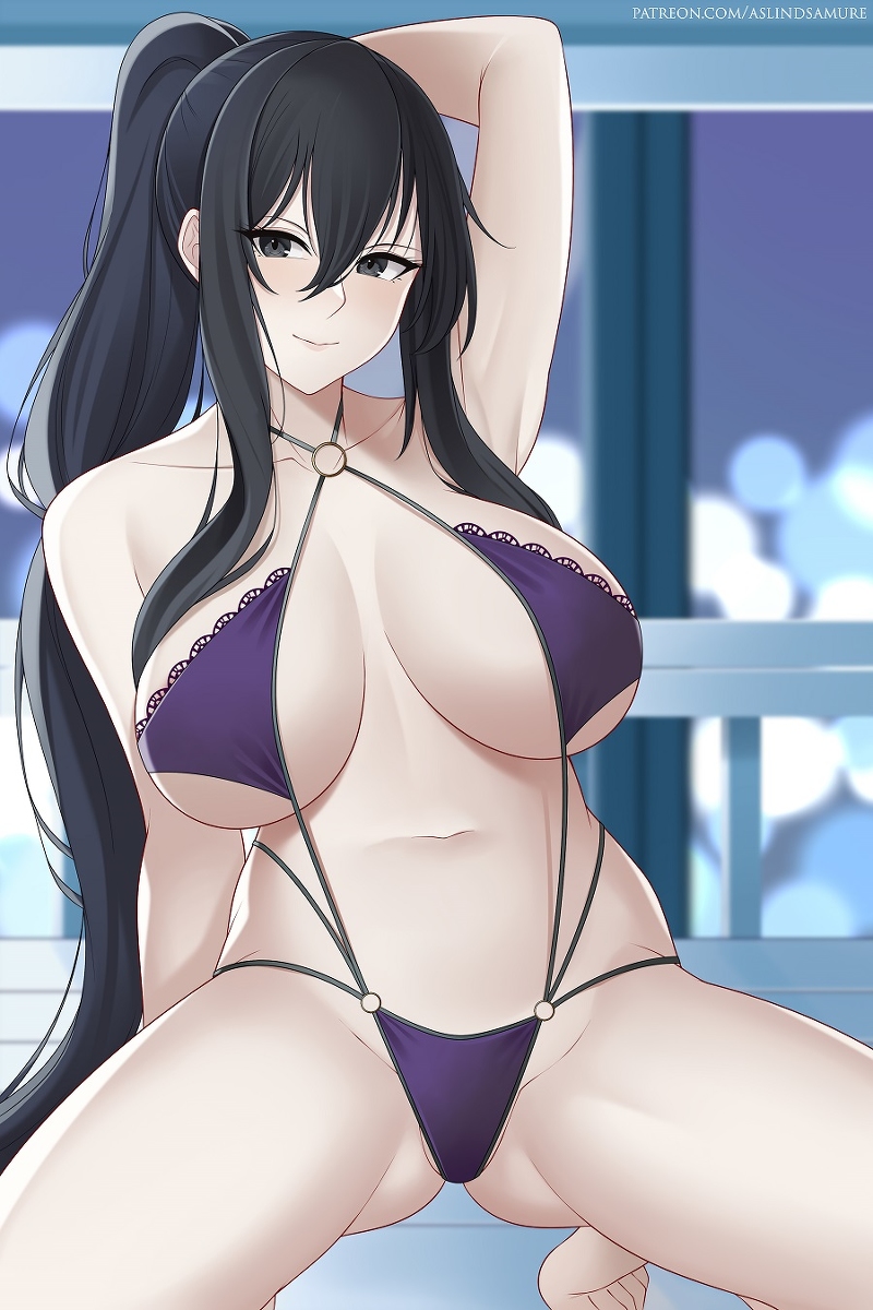 1girls, arm up, aslindsamure, belly, big breasts, bikini, bikini bottom, bikini top, black hair, breasts, cleavage, collarbone, covered nipples, covered pussy, female, female focus, female only, fubuki (senran kagura), hair between eyes, huge breasts, long hair, multi-strapped bikini, navel, ponytail, purple bikini, purple bikini bottom, purple bikini top, pussy, senran kagura, smile, solo, solo female, solo focus, spread legs, squatting, stomach, swimsuit, thighs, very long hair