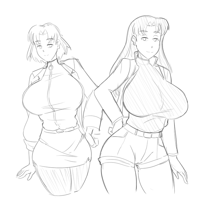2girls, breasts, clothing, female, female only, fully clothed, gainax, human, large breasts, long hair, milf, misato katsuragi, neon genesis evangelion, rexcrash64, ritsuko akagi, scientist, short hair, shorts, skirt, wide hips